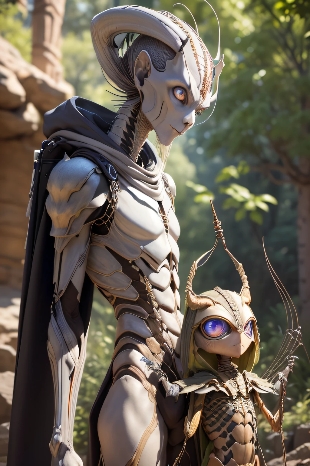 A tall slender male mantis insectoid with four arms. Holding a spear and wearing a bandelier, and a backpack. light brown skin, Carapace armor, mandables and large eyes (masterpiece, best quality), (blue eyes), (perfect hands), (Hyper realistic:1.6), ((detailed face)), ((award-winning)), (Sharp,) (8k resolution,) (Cinematic lighting), (Eye contact),