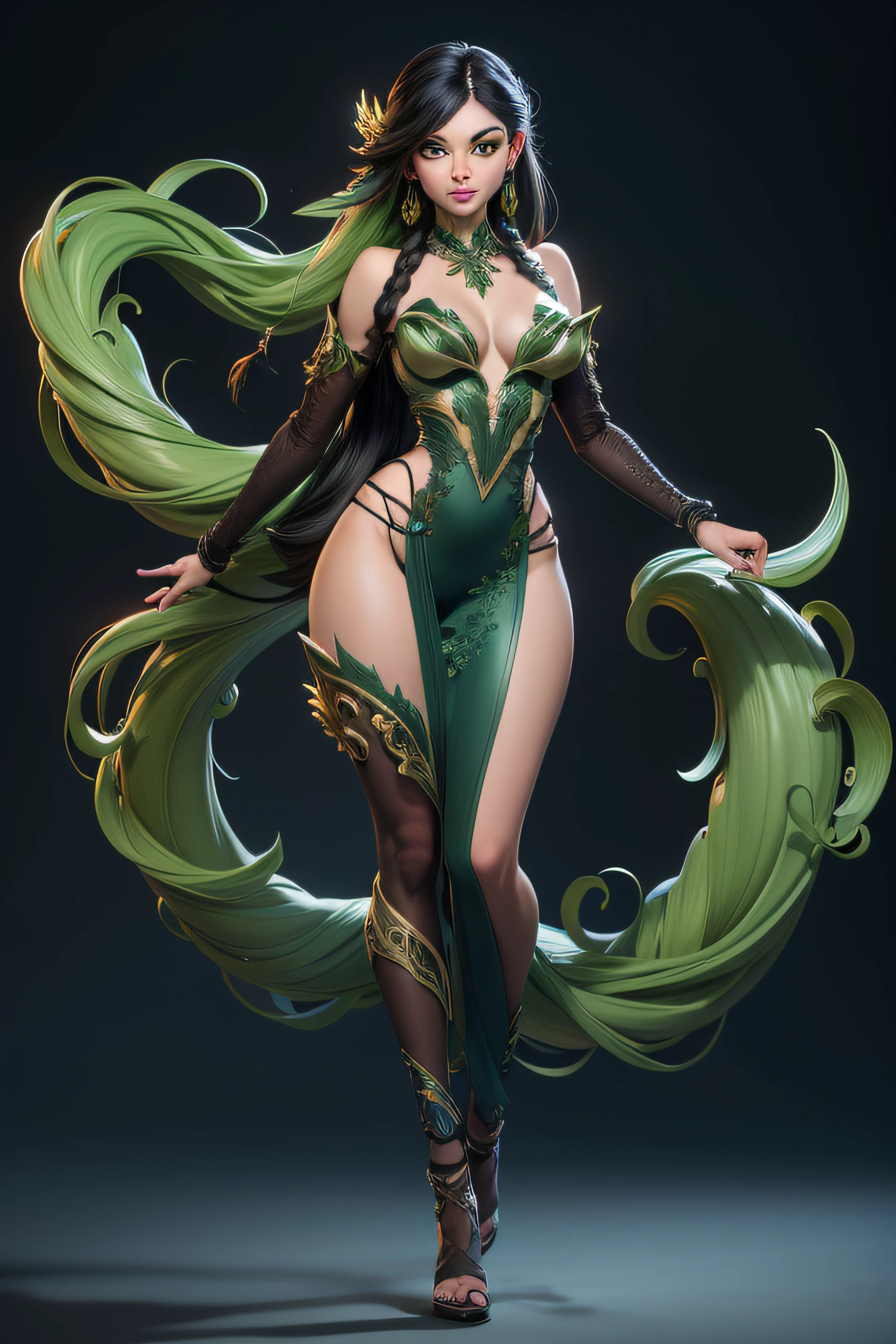 3dmm style, (masterpiece, top quality, best quality, official art, beautiful and aesthetic:1.2), (fractal art:1.3) solo, highly detailed, ultra-detailed, ultra-high resolution, (best shadow), detailed, perfect lighting, black hair, very long hair, braids, (green eyes), choker, smokey make up, full body, portrait, walking down a street in a high tech city, perfect hands, perfect face, perfect body, perfect eyes