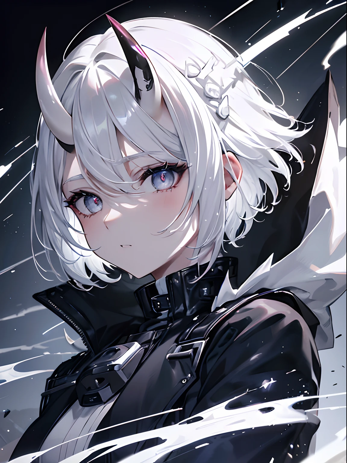 (Masterpiece, Best quality, ultra high resolution),1woman,white hair,short hair,oni horns,((bols look)),(black jacket),beautiful and detailed face, detailed eyes, looking at the viewer,(grey theme),in a park,night,close jacket,(spiky hair),(thick hair),(aesthetic clothings),