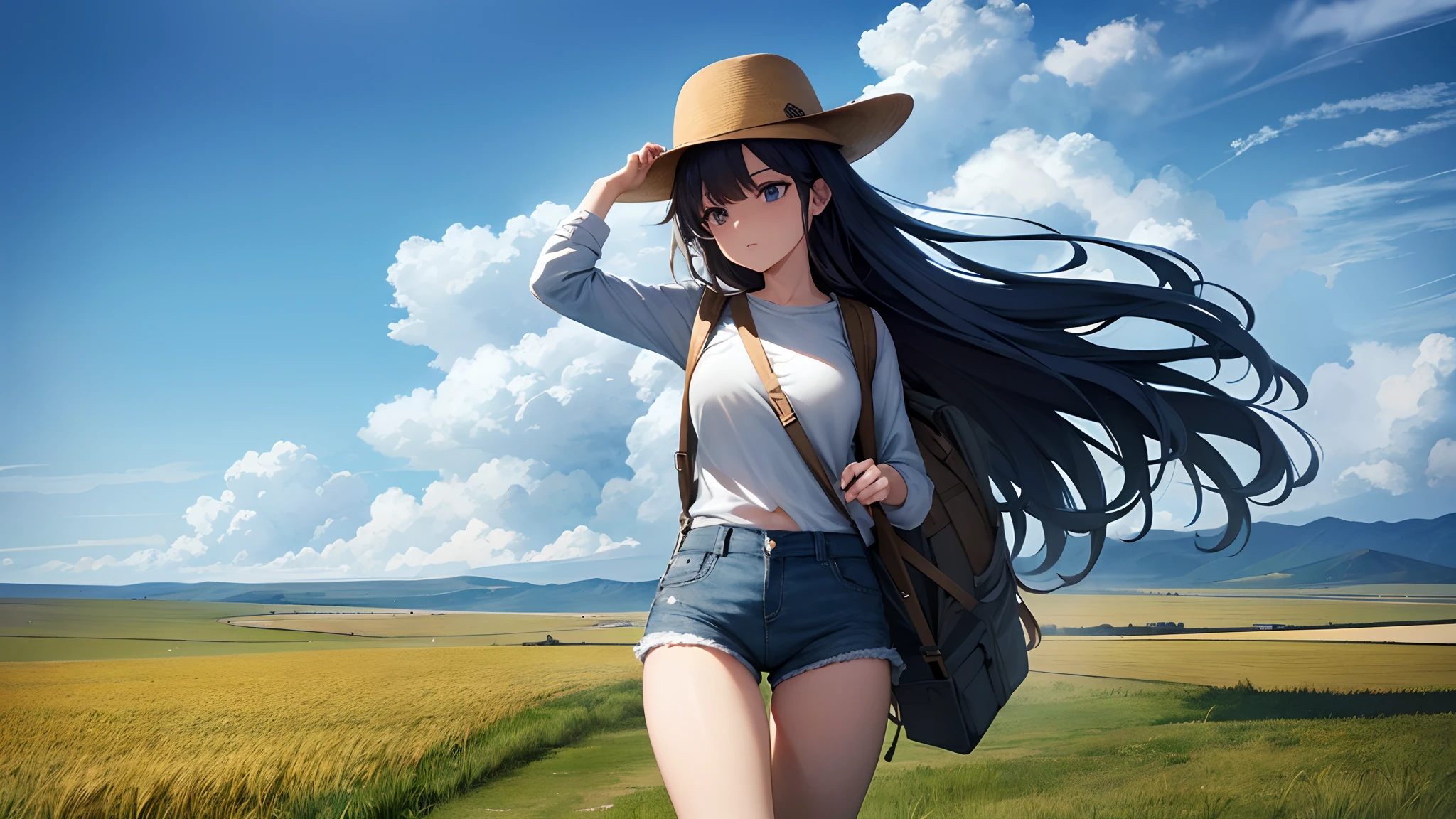 The vast sky, the beautiful skyline, the vast grasslands, the extremely tense and dramatic pictures, the moving visual effects, the high-hanging Polaris, and the colorful natural light. Long-sleeved top, denim shorts, and a girl with a backpack. A large sh...