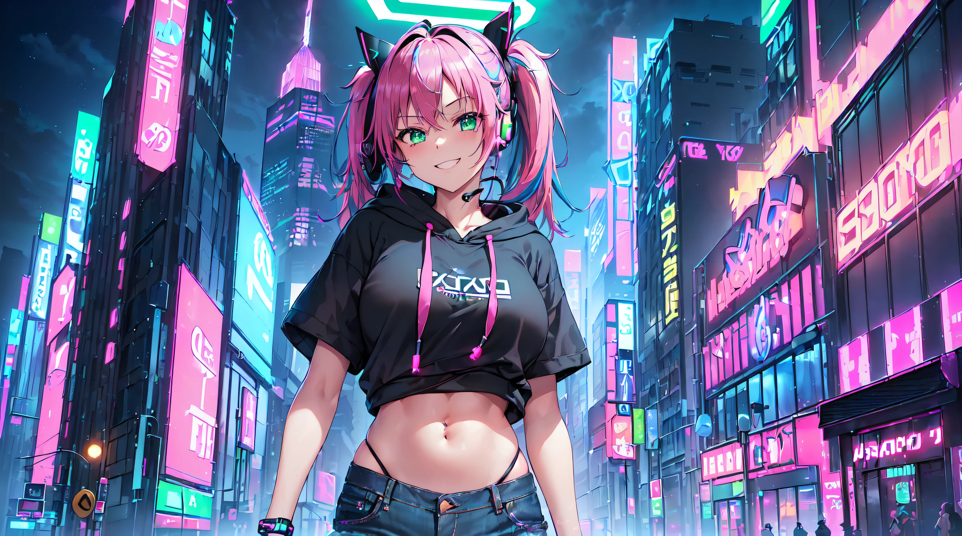 ​masterpiece, 1girl ((20year old, Black short sleeve hoodie exposes navel, tight blue jeans, medium breasts, multicolor pink hair, twin ponytails, green eyes, happy, smiling, flirtatious, headphones, standing in a street at night, neon lights and towering skyscrapers, futuristic and energetic atmosphere)）