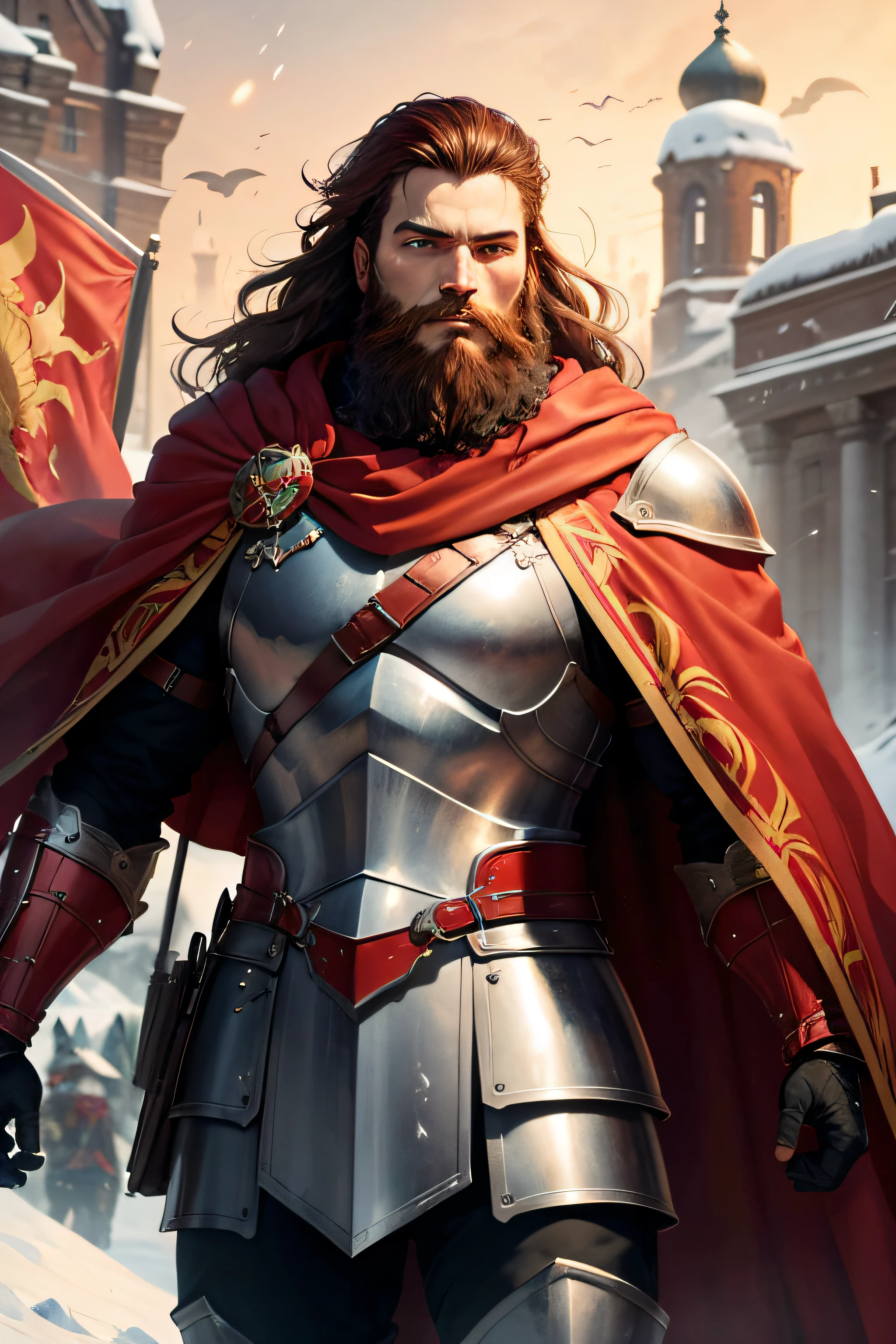 1 man, leader of the proletariat, heavy knight armor, red cape, brown hair and beard, revolution, inspiring, red and gold banner, heroic, snow
