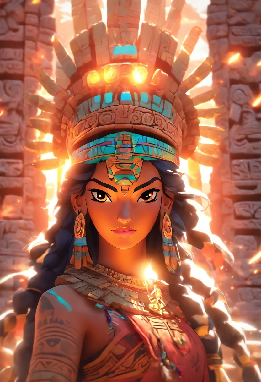 (((Elderly Mayan Goddess))) best quality, ultra-high resolution, 4K detailed CG, masterpiece, Itzamná, god of the heavens, Mayan mythology, elderly, old, ancient, sunlight, Mayan temples, Mayan clothing, Mexico, aesthetics, beautiful image, centered on the screen