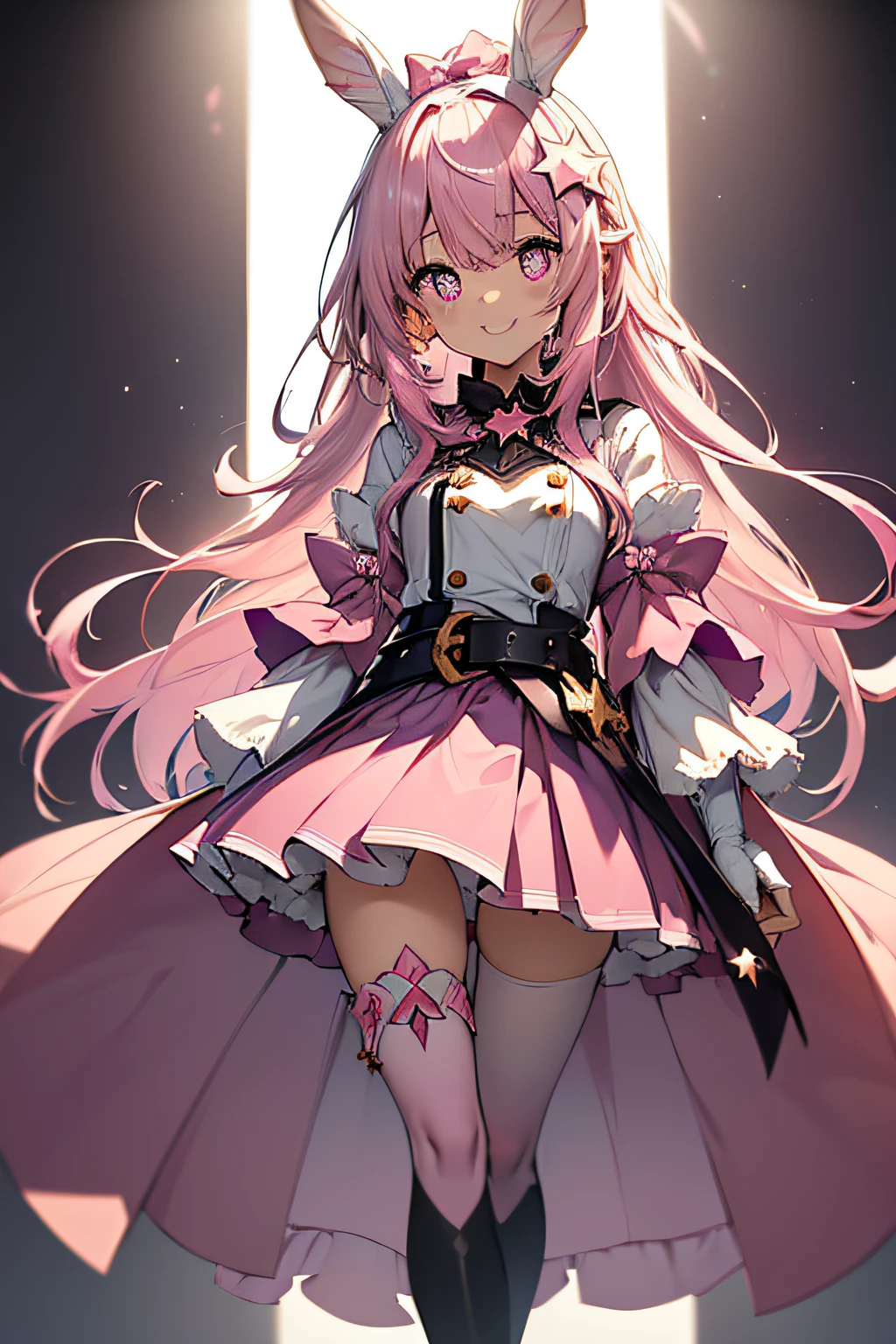 (Best Quality:1.5), (Extremely delicate and beautiful:1.3),(Details Ultra Details:1.2),(Clear details of the landscape:1.2), best light, masutepiece, bloom, underlighting, (Simple background:1.5), (White background:1.5), Cute idol girl with a break Japan, (Purple long hair:1.3),Baby face,(Smile),Shiny hair, Detailed skin, Straight hair, oblique bangs, hime-cut, Break 1 Girl, Solo, flat chest, (star-shaped pupils:1.5), (Big eyes:1.2), eyeshadows, Rabbit and pink hair ribbon,(pink ruffle skirt),princess dress,(Pink gloves:1.2), (Black waist belt), (((Pink) Enamel tights)), Full body, White background, Open mouth, lightsmile, front,frontal photos、directly in front、Standing Picture、