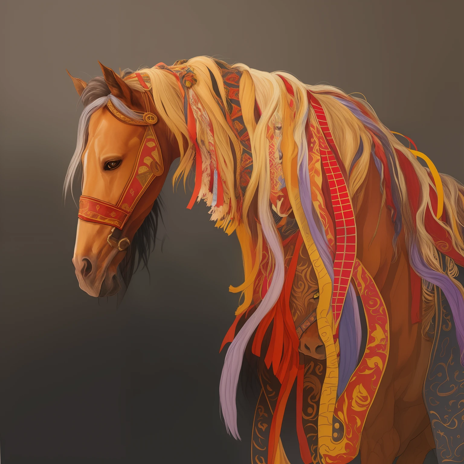 Arafir with colored mane made of ribbon on black background, cavalos, author:Lisa Mirroy, cavalos, author:Gwen Barnard, author:Fiona Stephenson, Mane, author:Nancy Karin, fire and flames mane, author:Jacquie Morgan, author:Carol Sutton, author:Brenda Chamberlain, author:Anna Findlay, half horse, by Heather Hudson, flowing mane, author:Helen Stevenson
