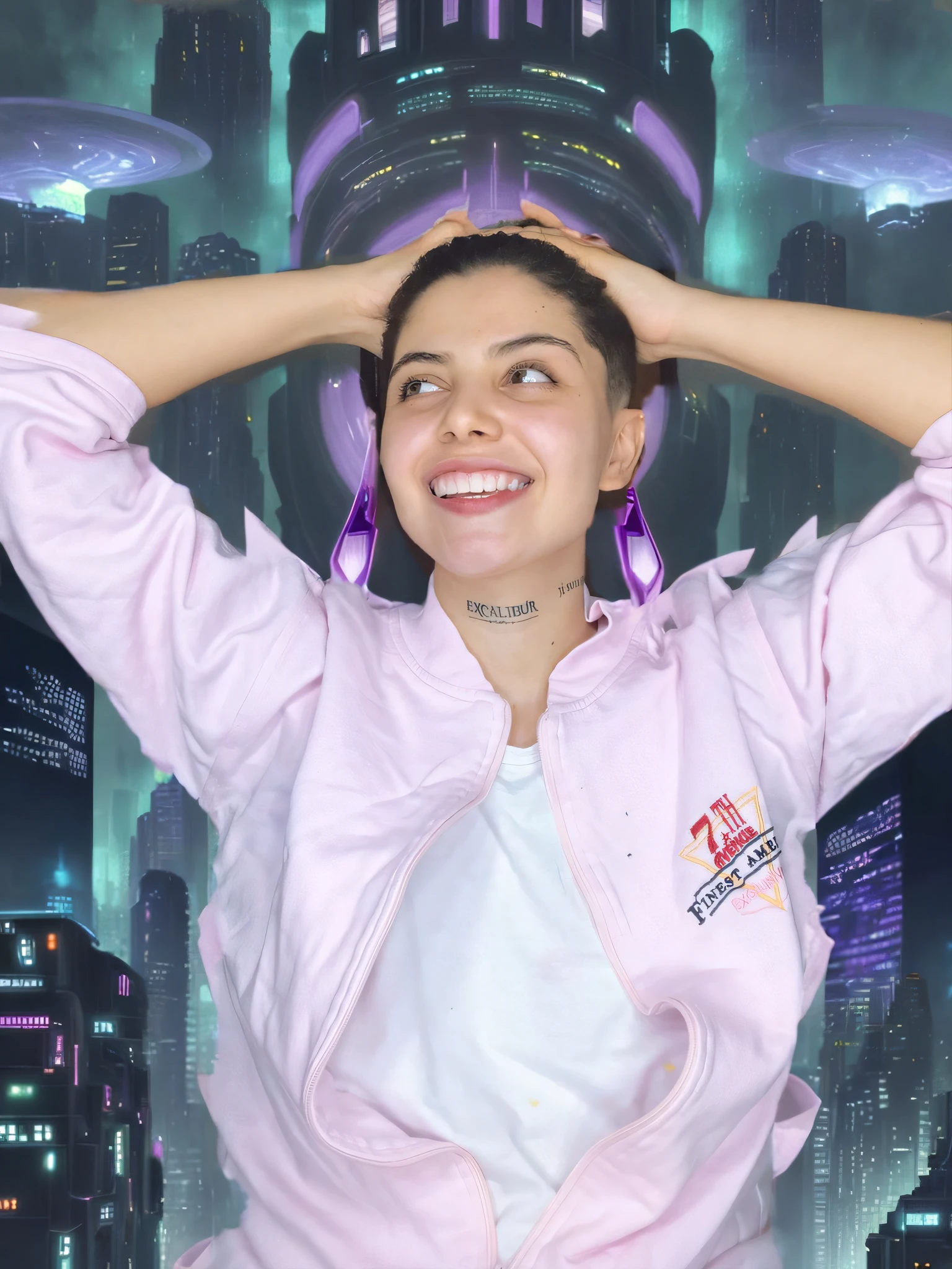A futuristic city hopeful and bustling, esquema de cores roxo e verde." --auto