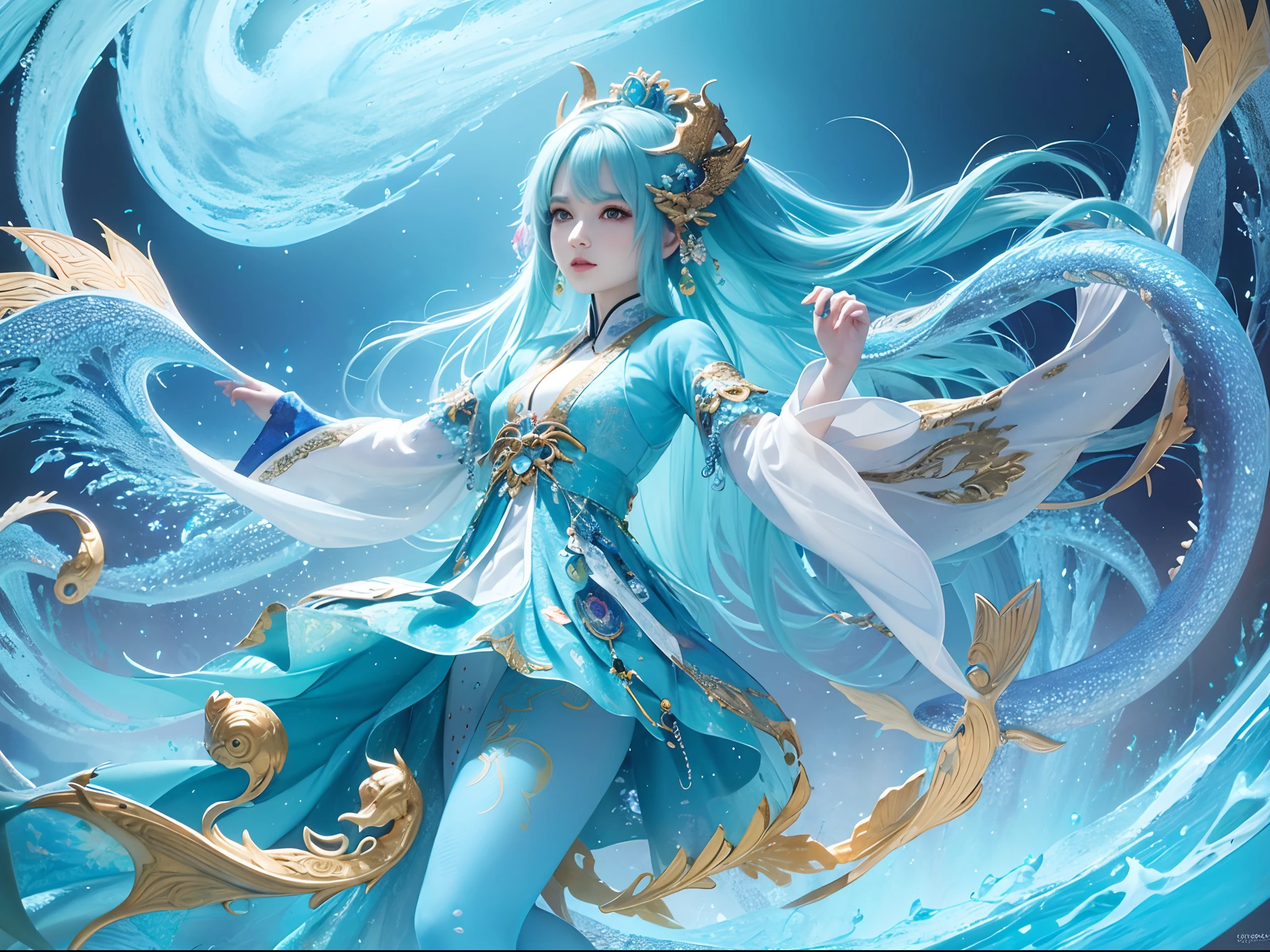 *8K masterpiece, Top quality, Best quality, offcial art, (Beauty and aesthetics: 1.3), Extremely detailed, (Fractal art: 1.3), Colorful, Ice and Chinese dragons, Serpentine body, toenails, Cyan and 1 female, Han women's media, Hanfu, Cyan