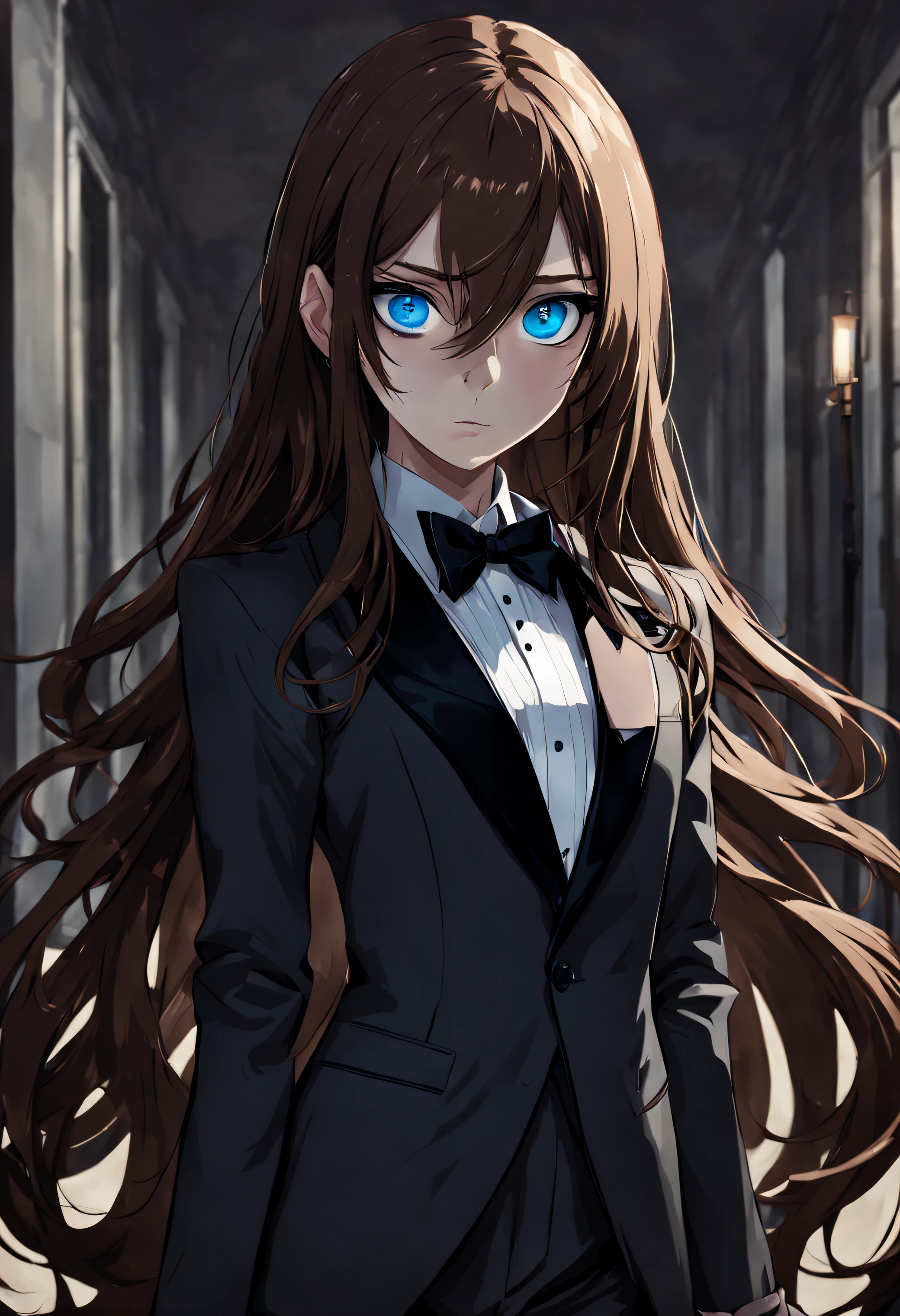 girl with long brown hair, blue eyes, black tuxedo, with a psychopath face