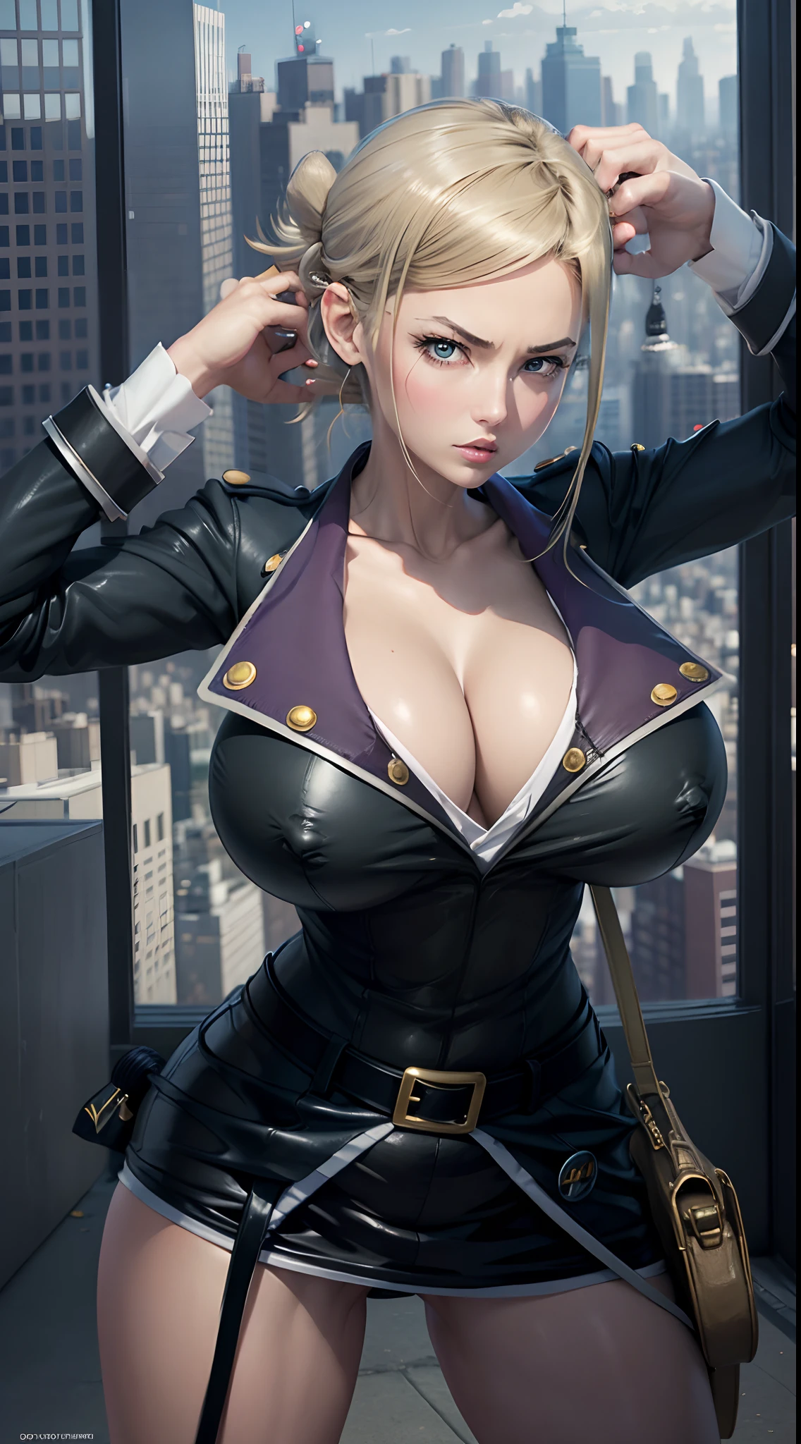 Awashima Seri, 1girl, western girl, solo, (huge tits), busty, thiccture perfect, short blonde hair, tall girl, beautiful large eyes, anime eyes, blue eyes, both hands have same size, both eyes have same sizes, beautiful lady fingers size, wearing sexy blue and black military outfit, uniform, black leather, open button in tits area, wearing miniskirt, cleavage, wearing high heel overknee leather boots, thighhigh, looking at viewer, emotionless, fighting pose, cowboy shot, full body shot, portait foto, in the city, standing on the rooftop, midnight, city view, absurdes, NSFW, high res, ultrasharp, 8K, masterpiece, best quality