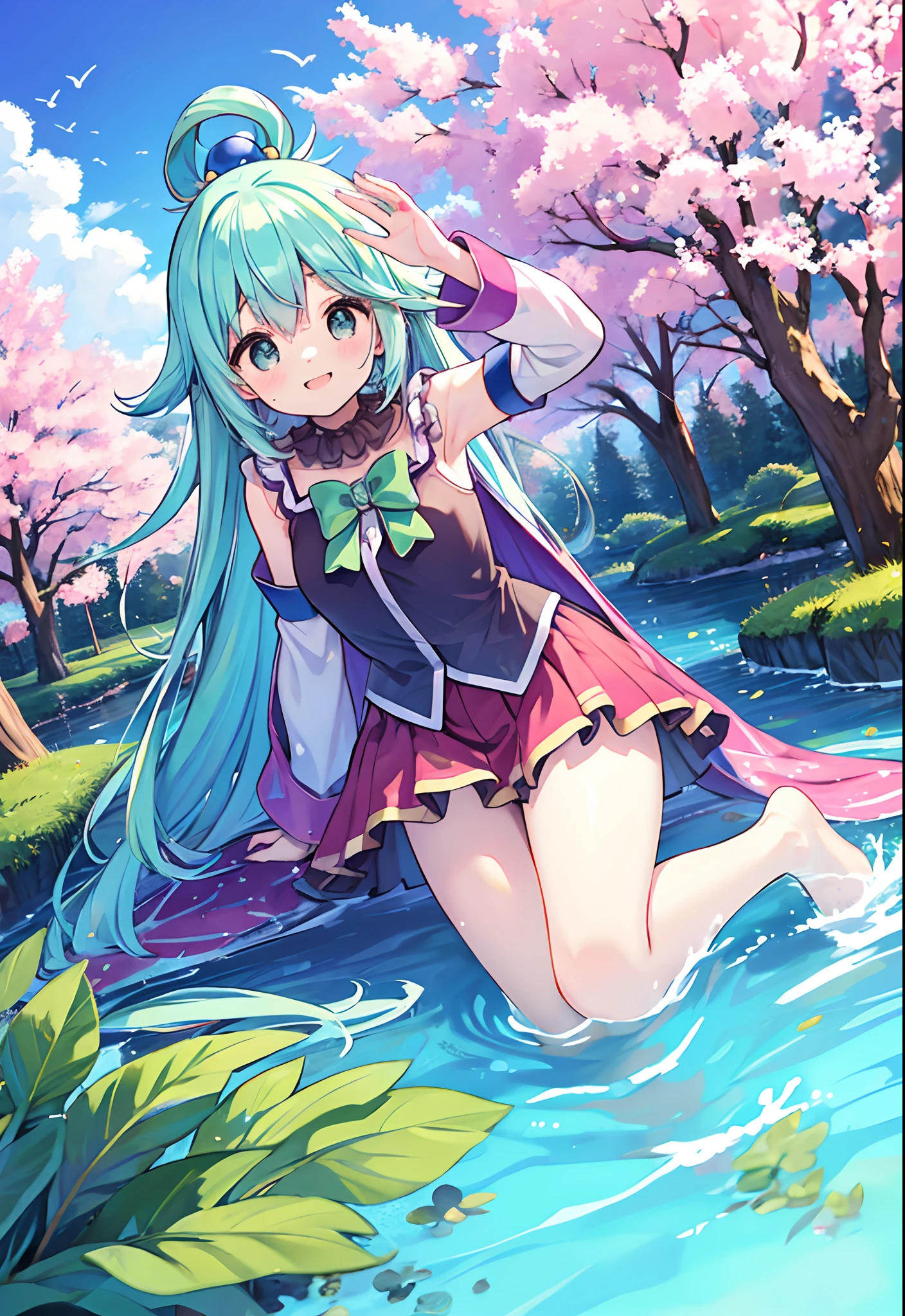 Aqua, Sakura, floresta, tronco, lago, feliz