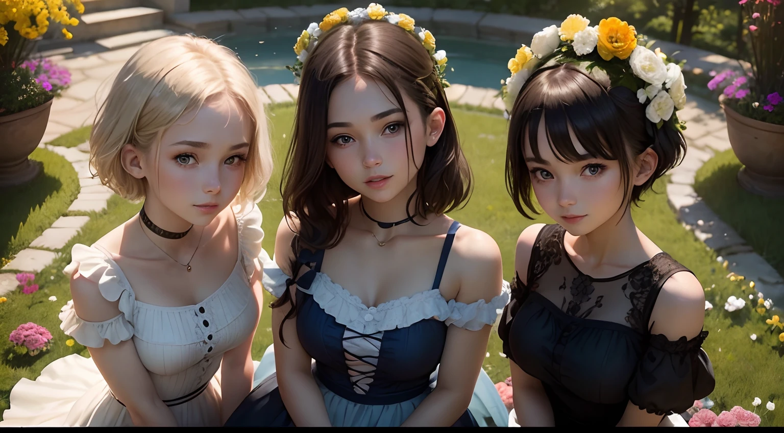 Full portrait photo from top to bottom of a beautiful 18 year old girl with short hair like in a fairy tale, sitting in a garden full of flowers sitting next to pretty s, girl wearing a modern, cool short dress, with short hair golden color, blue eyes, bright smile, big breasts, slim waist, long white legs...