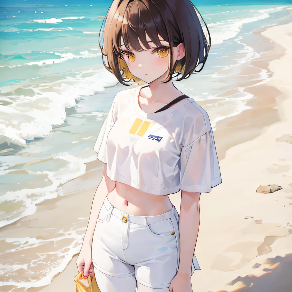 brunette color hair，short detailed hair，By bangs，Yellow eyes，adolable，teens girl，white short sleeve，short white pants，White silk pantyhose，Crop topping，Background sandy beach