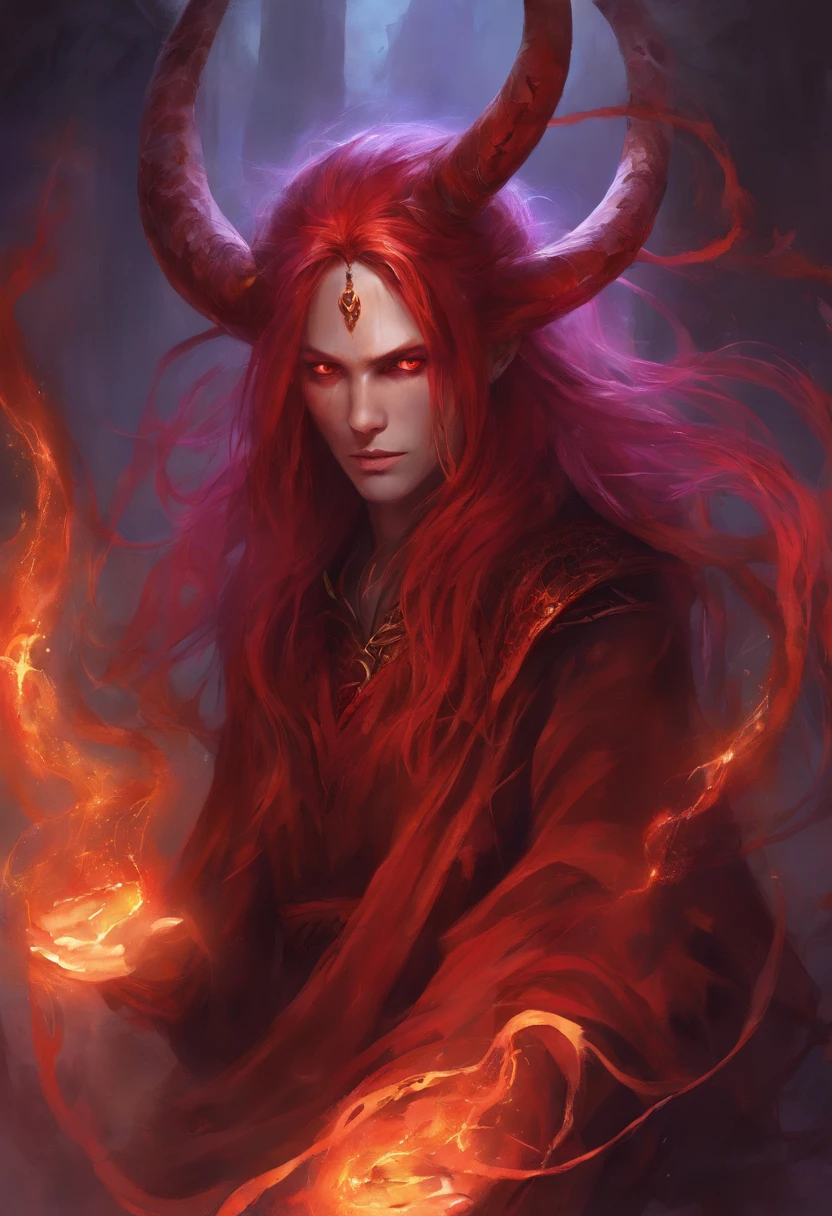 Tall man, emaciated, strong, demonic, demon horns, four arms, two sets of eyes, Kokushibo, wearing a long purple robe, chained up to a temples wall, dark, fiery red hair, glowing red eyes, demonic, body is covered in black and red markings, evil, humanoid, long flowing red mane hair, tied to a wall, prisoner, held captive, sparking red hair