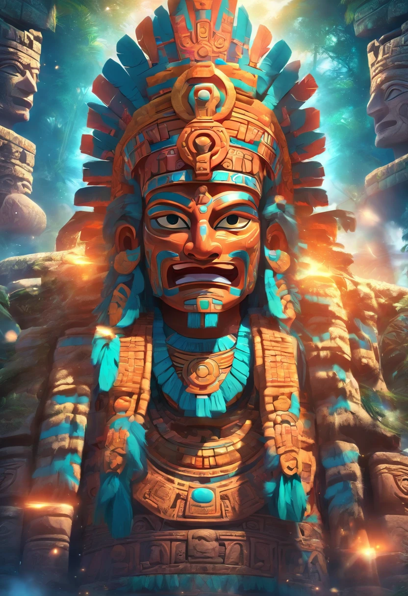 ((( Elderly Mayan God))) best quality, ultra-high resolution, 4K detailed CG, masterpiece, Itzamná, god of the heavens, Mayan mythology, elderly, old, ancient, sunlight, Mayan temples, Mayan clothing, Mexico, aesthetics, beautiful image, centered on the screen