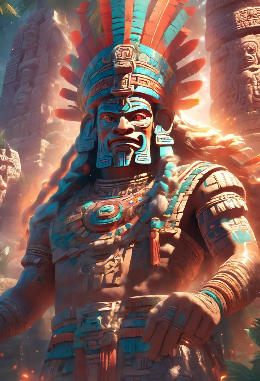 ((( Elderly Mayan God))) best quality, ultra-high resolution, 4K detailed CG, masterpiece, Itzamná, god of the heavens, Mayan mythology, elderly, old, ancient, sunlight, Mayan temples, Mayan clothing, Mexico, aesthetics, beautiful image, centered on the screen