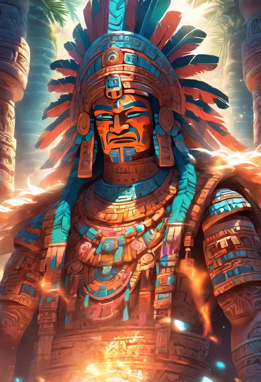 ((( Elderly Mayan God))) best quality, ultra-high resolution, 4K detailed CG, masterpiece, Itzamná, god of the heavens, Mayan mythology, elderly, old, ancient, sunlight, Mayan temples, Mayan clothing, Mexico, aesthetics, beautiful image, centered on the screen