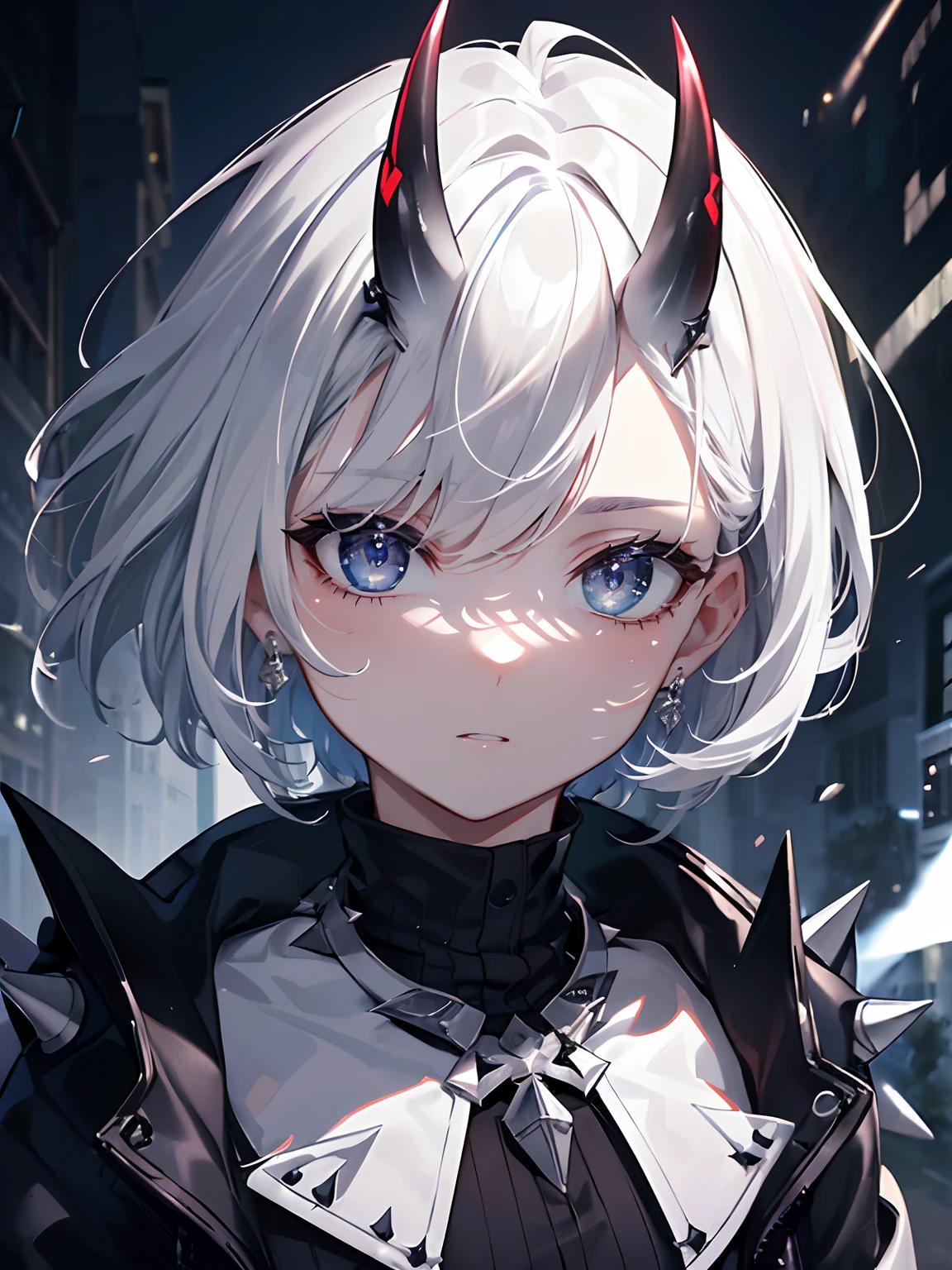 (Masterpiece, Best quality, ultra high resolution),1woman,white hair,short hair,oni horns,((bols look)),(black jacket),beautiful and detailed face, detailed eyes, looking at the viewer,(grey theme),in a park,night,close jacket,(spiky hair),(thick hair),(aesthetic clothings),