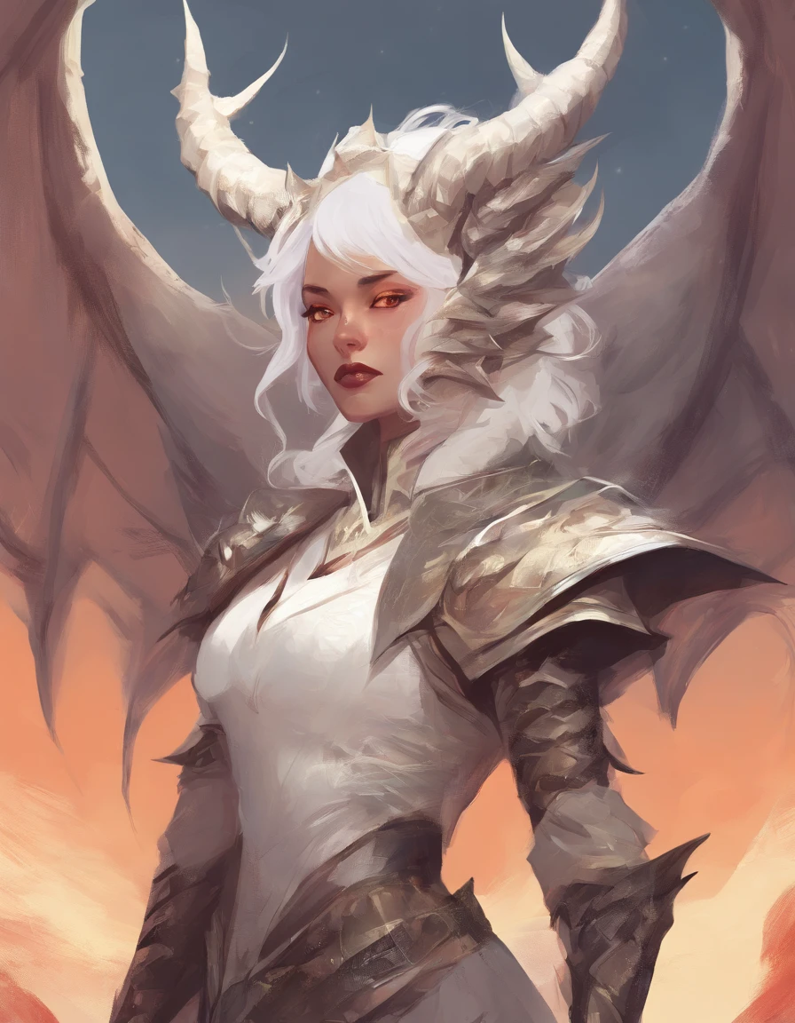 masterpiece, best quality, movie still, 1woman, dragon woman, no wings, bright, happy, warm soft lighting, sunset, white hair, fantasy, warlock, fantasy clothes, dragonborn, white scales, dragon woman, white horns, horns, dragon, dragon face, lizard face, animal face