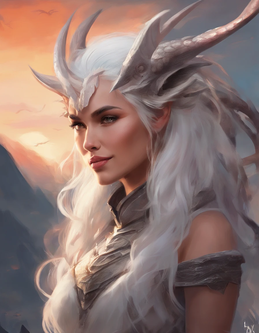 masterpiece, best quality, movie still, 1woman, dragon woman, no wings, bright, happy, warm soft lighting, sunset, white hair, fantasy, warlock, fantasy clothes, dragonborn, white scales, dragon woman, white horns, horns, dragon, dragon face, lizard face, animal face
