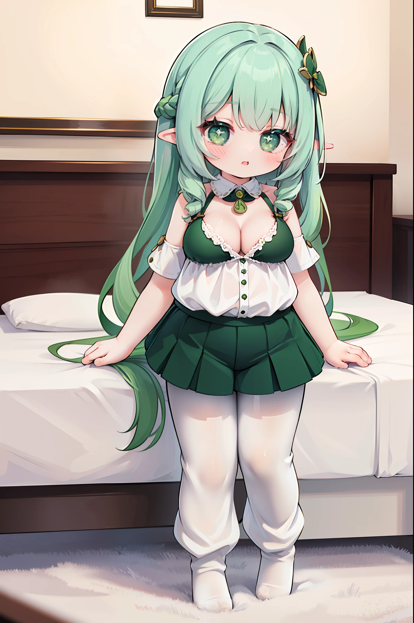 Lori huge breasts cleavage,(((Small anthropomorphism))),One girl,whitet-shirt,track pants,lacepantyhose,Cute Baby Turtle、Long、Wavy hair、tmasterpiece、Top image quality、top-quality、Green hair,dual horsetail、Very long hair,White knee-length socks,posing in bed,over knee socks