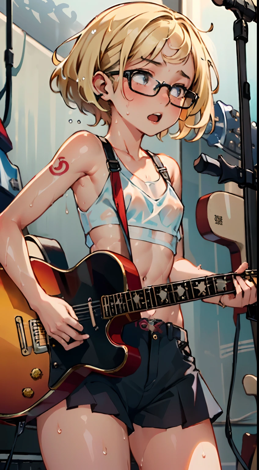 masterpiece, best quality, ultra-detailed, illustration, an extremely delicate and beautiful,high resolution, ultra-detailed,,perfect face,slender perfect body, Tight belly,Toned buttocks,Constricted waist,,(1 girl to band,guitar:1.7), ,(1girl to blonde hair),glasses, (tattoo),(1girl to very short hair), shy daughter, short stature,(rock and roll star:1.3),(small breasts),on a luxurious stage), (band girl), (wet:1.2),((very wide shot )),( sweaty skin:1.2),(low view:1.5)