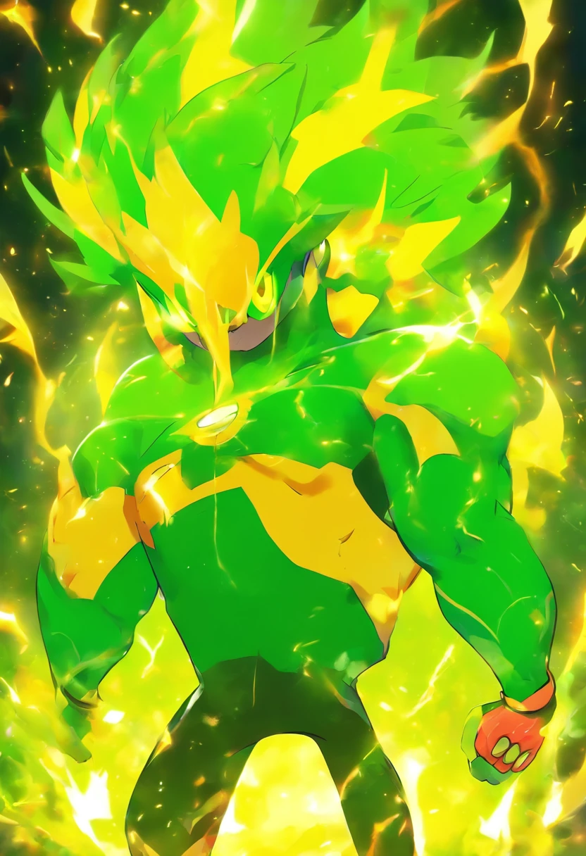 (best quality, masterpiece, pokemon style), 1 older man, brown skin, manly, scruffy, bulky, muscular, short spiky green hair, shiny yellow eyes, downturned eyebrows, grin, black tshirt, green sweatpants, sneakers, particle, wind, flames, simple shiny background, looking at viewer, upwards angle, full body, bulky arms, bulky legs, green pokemon balls, sitting, manspread