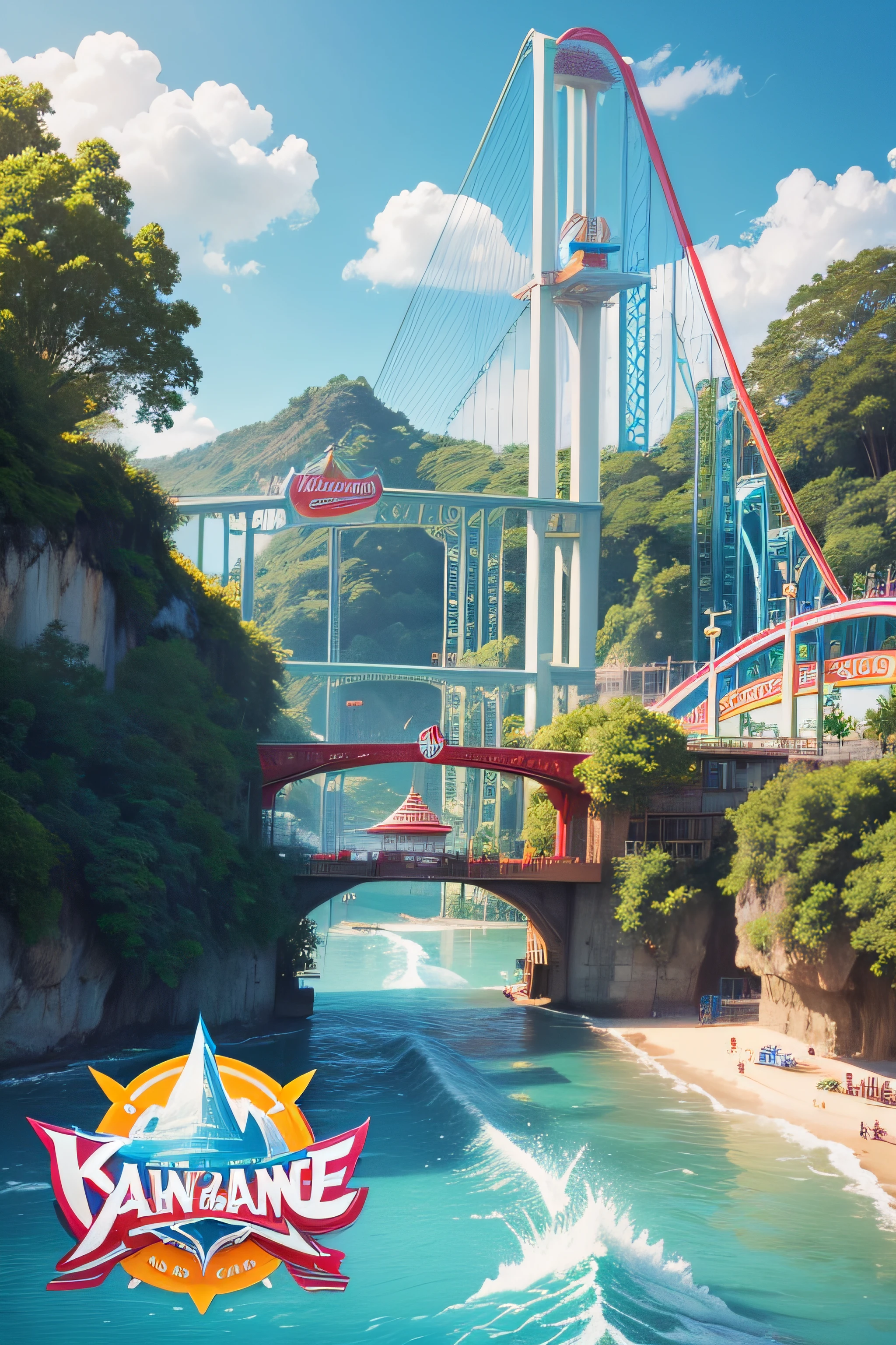 logo design of water theme park. text as "kalyan Amusement Park", colourfull vector illustration, suspension bridge, attractive logo for kids and family, add elements like giant wheel, Suspension bridge, seven worndersof world, long roap bridge, water slider, flyboarding, trees, water splashes and waves, green orchid, water sports, jurasic park logo look