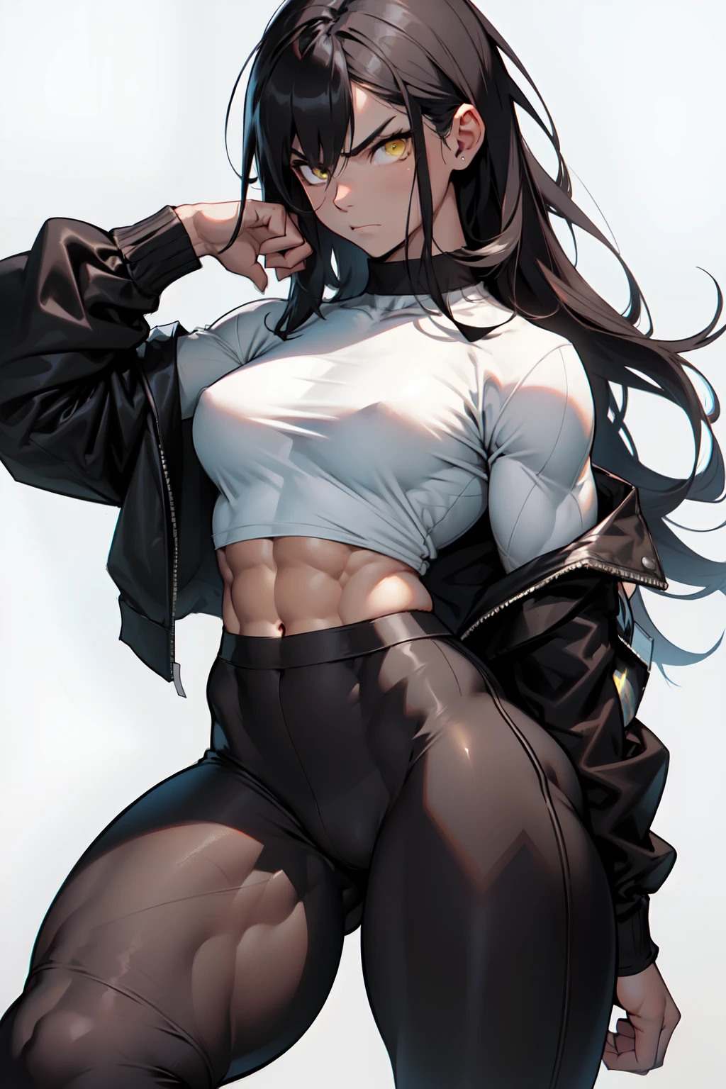 (((((muscular))))), (((thick thighs, small breasts, toned body, 1 girl))), black hair, pale skin, yellow eyes, angry, very long hair, (tight shirt long sleeves leggings hero pose)