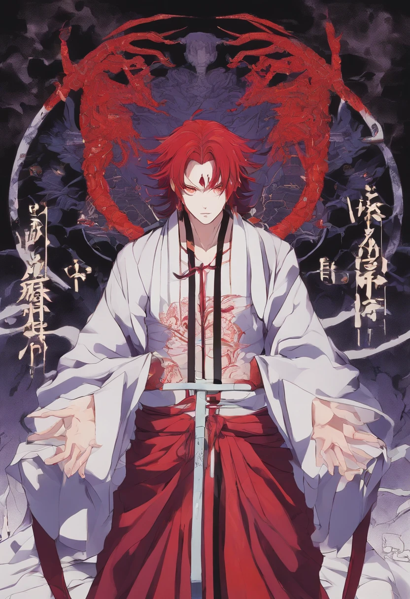 Tall man, emaciated, strong, demonic, demon horns, four arms, two sets of eyes, Kokushibo, wearing a long purple robe, chained up to a temples wall, dark, fiery red hair, glowing red eyes, demonic, body is covered in black and red markings, evil, humanoid, long flowing red mane hair, tied to a wall, prisoner, held captive, sparking red hair