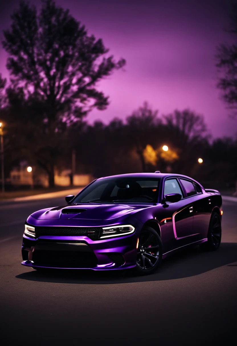 two black and purple striped dodge charger hellcats at night 4k realistic