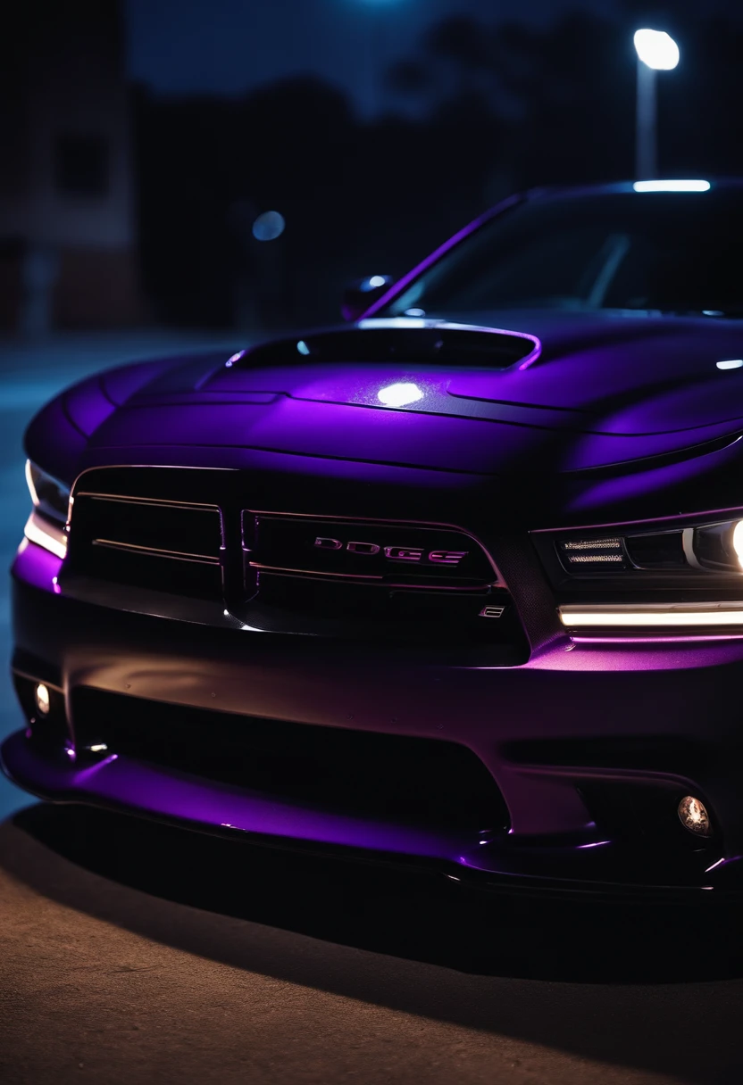 two black and purple striped dodge charger hellcats at night 4k realistic