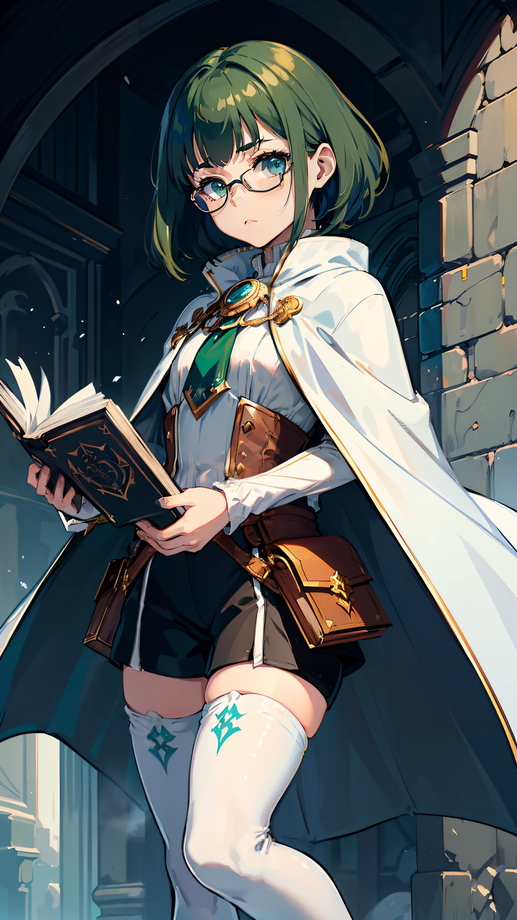 masterpiece, ultra detailed, 8k portrait, RAW photo, portrait photography, highly detailed face, beautiful and meticulous eyes, ((Fantasy)), Young beautiful, , child, dynamse, (((short deep green bobbed hair))), blunt bangs, White skin color, glasses, Luxury, (((white long tunic with a single vertical blue line))), (((black shorts))), (((white cape with coat of arms))), (((little waist hip pouch))), (((dark thigh high tights))), high cut leather boots, ((holding magic book)), Midday Sun, hyper realistic, slender body, flat chest, Long legs, in the medieval magic classroom, Ambient lighting, Shadow details , Camera focus on face, strong breeze, Light fog