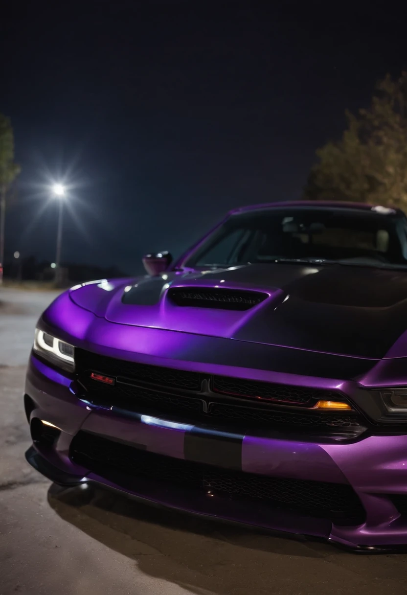 two black and purple striped dodge charger hellcats at night 4k realistic