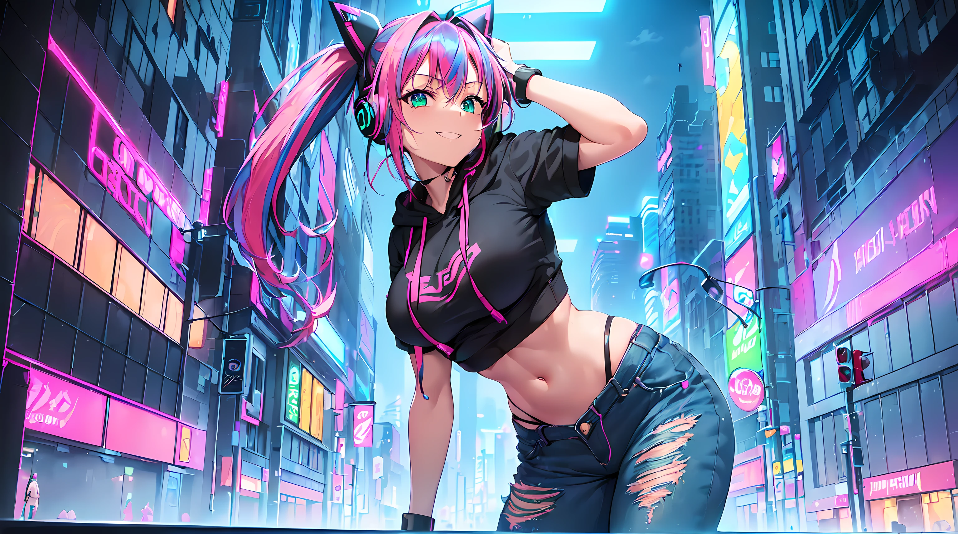 masterpiece, 1girl ((20year old, Black short sleeve hoodie exposes navel, tight blue jeans, medium breasts, multicolor pink hair, twin ponytails, green eyes, flirting, happy, big smile, headphones, standing in a street at night, neon lights and towering skyscrapers, futuristic and energetic atmosphere))