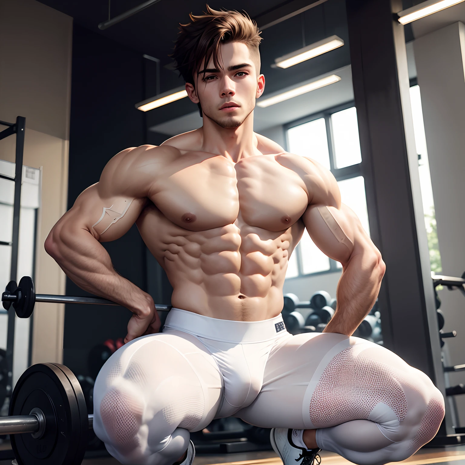 Athletic young male squatting at the gym wearing white compression tights