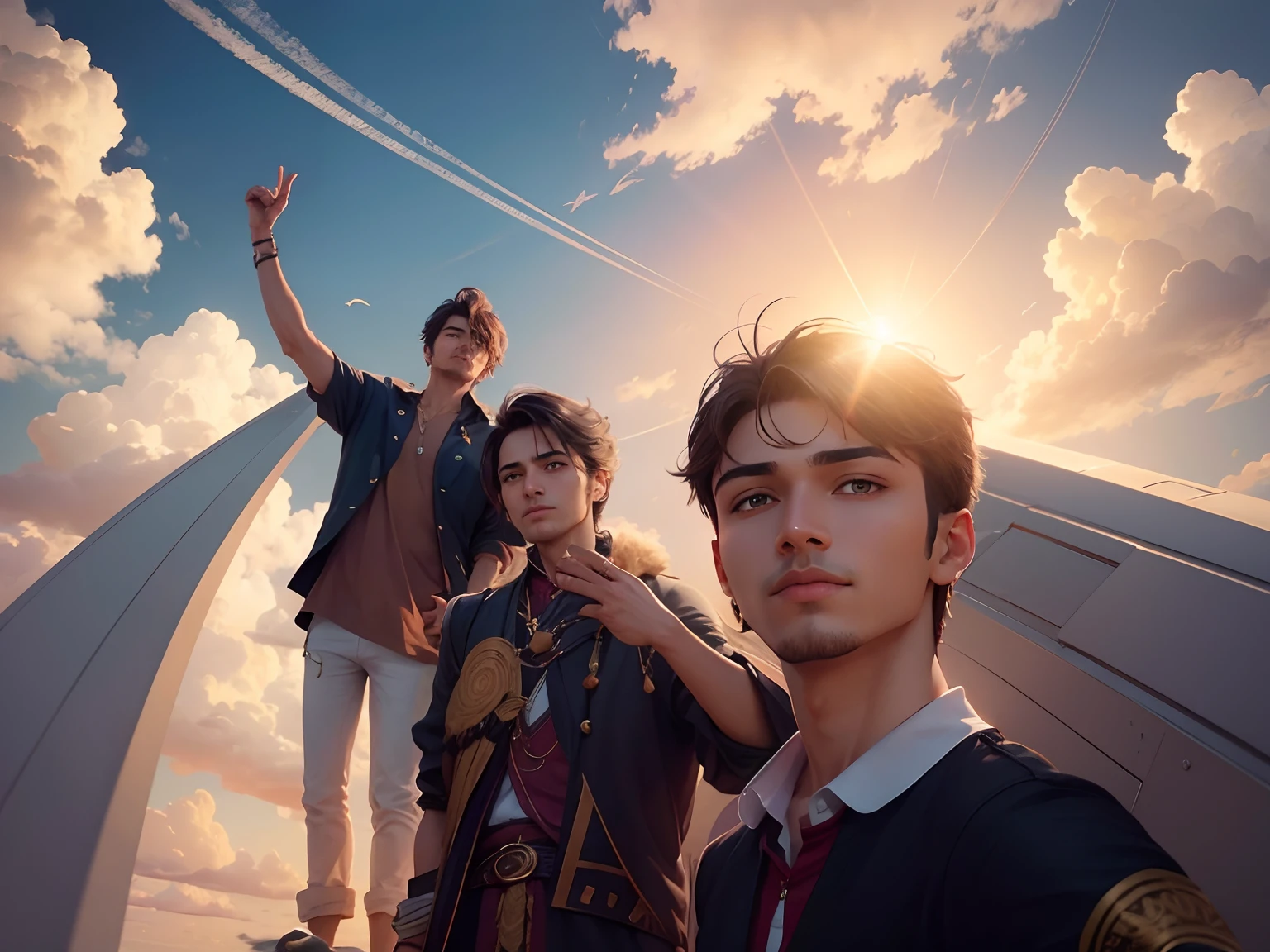 Stylish handsome gys beautiful sky cloud sun road birds