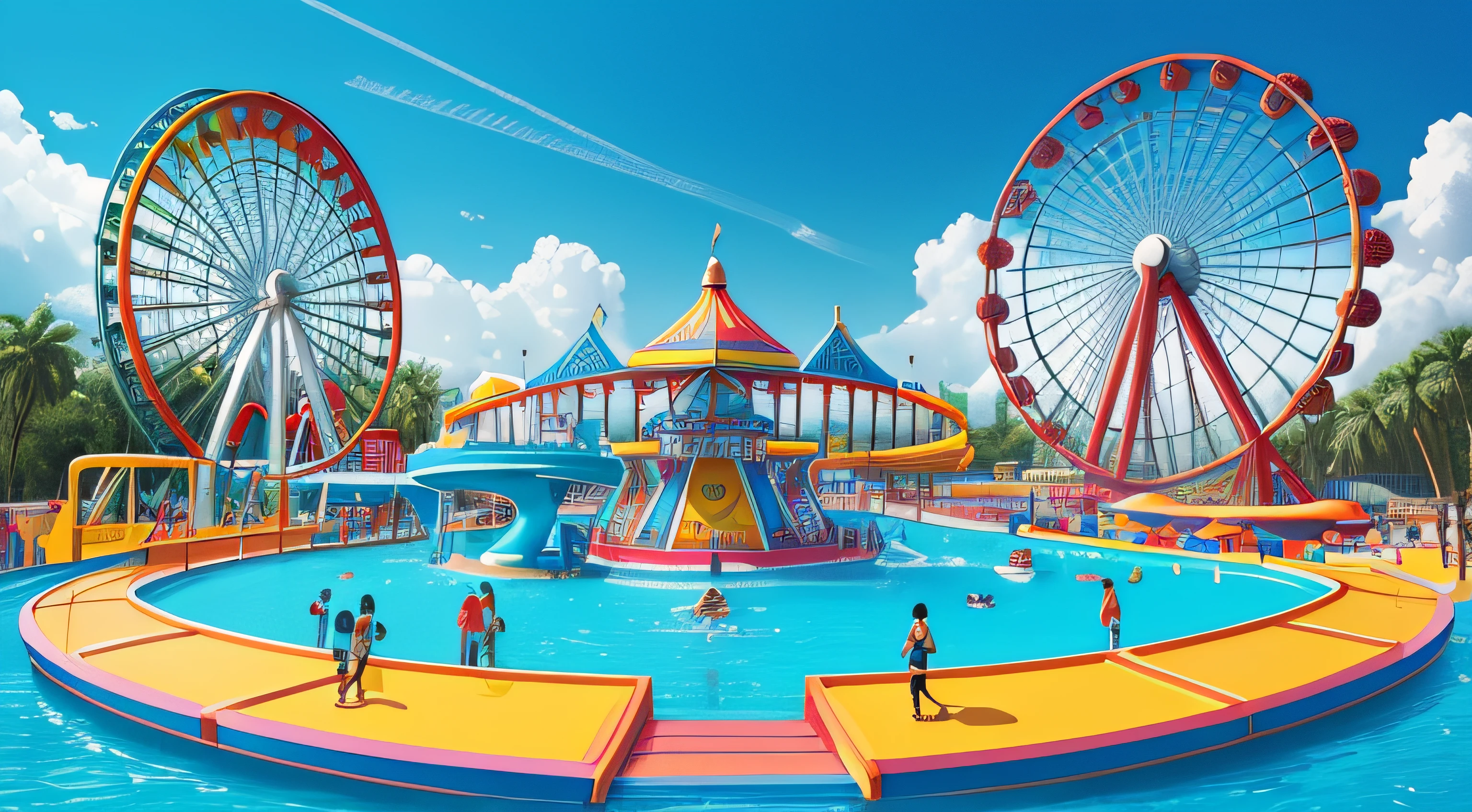 logo design of water theme park. text as "kalyan Amusement Park", colourfull vector illustration, kalyan and park letter should be bold and big, logo shoud be attractive for kids and family, add elements like giant wheel, seven wornders, long roap bridge, water slider, flyboarding, watersports elements