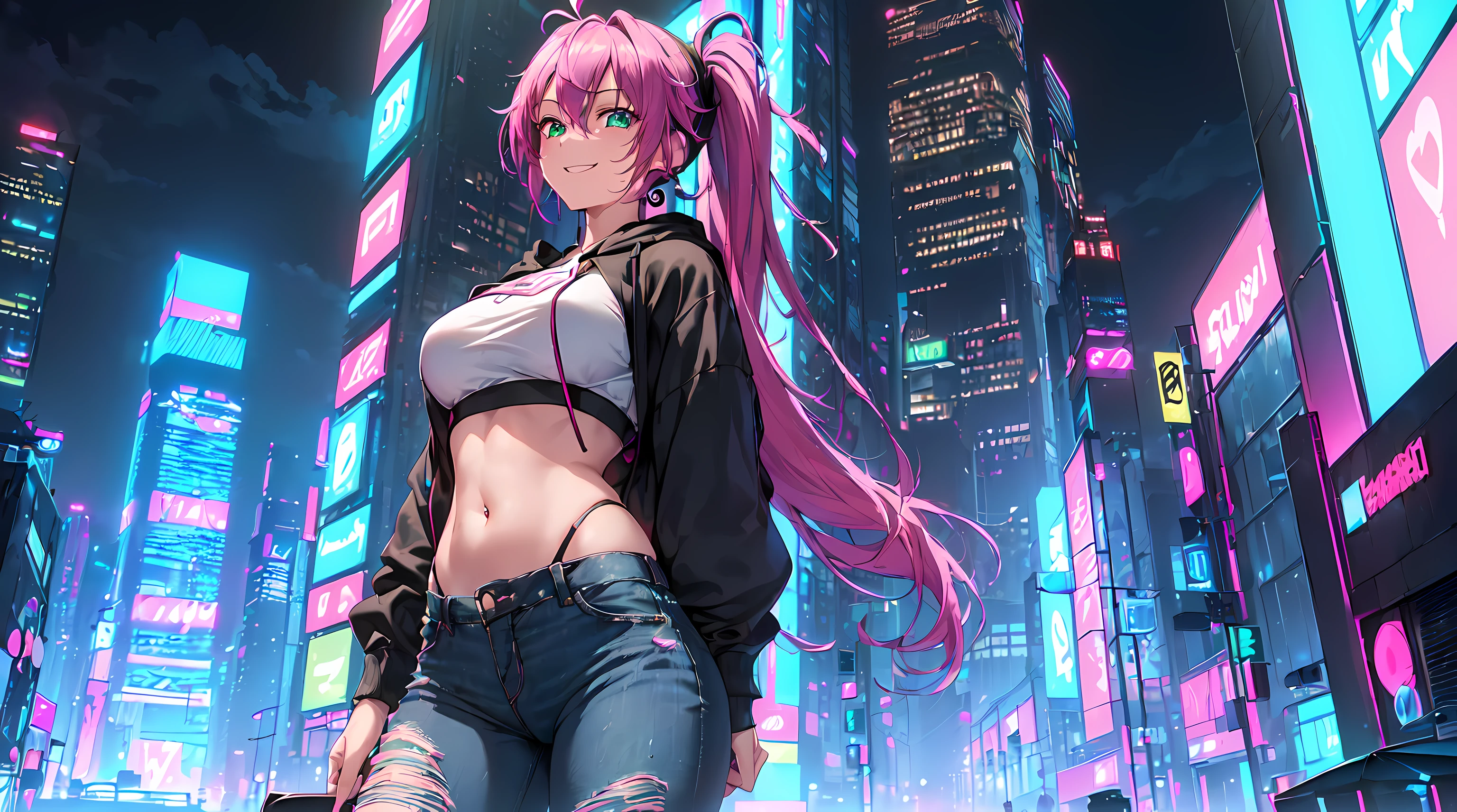 masterpiece, 1girl ((20year old, Black short sleeve hoodie exposes navel, tight blue jeans, medium breasts, multicolor pink hair, twin ponytails, green eyes, flirting, happy, big smile, headphones, standing in a street at night, neon lights and towering skyscrapers, futuristic and energetic atmosphere))