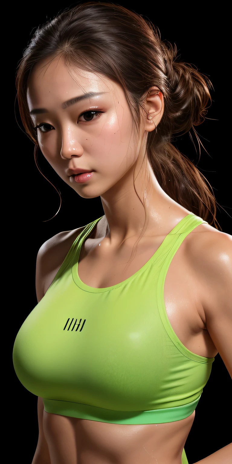 highres,4k,HDR,1girl, photorealistic, realistic, sweat skin, thin face, shu qui, heavy makeup, standing,(((half body))), medium breasts, earing ,