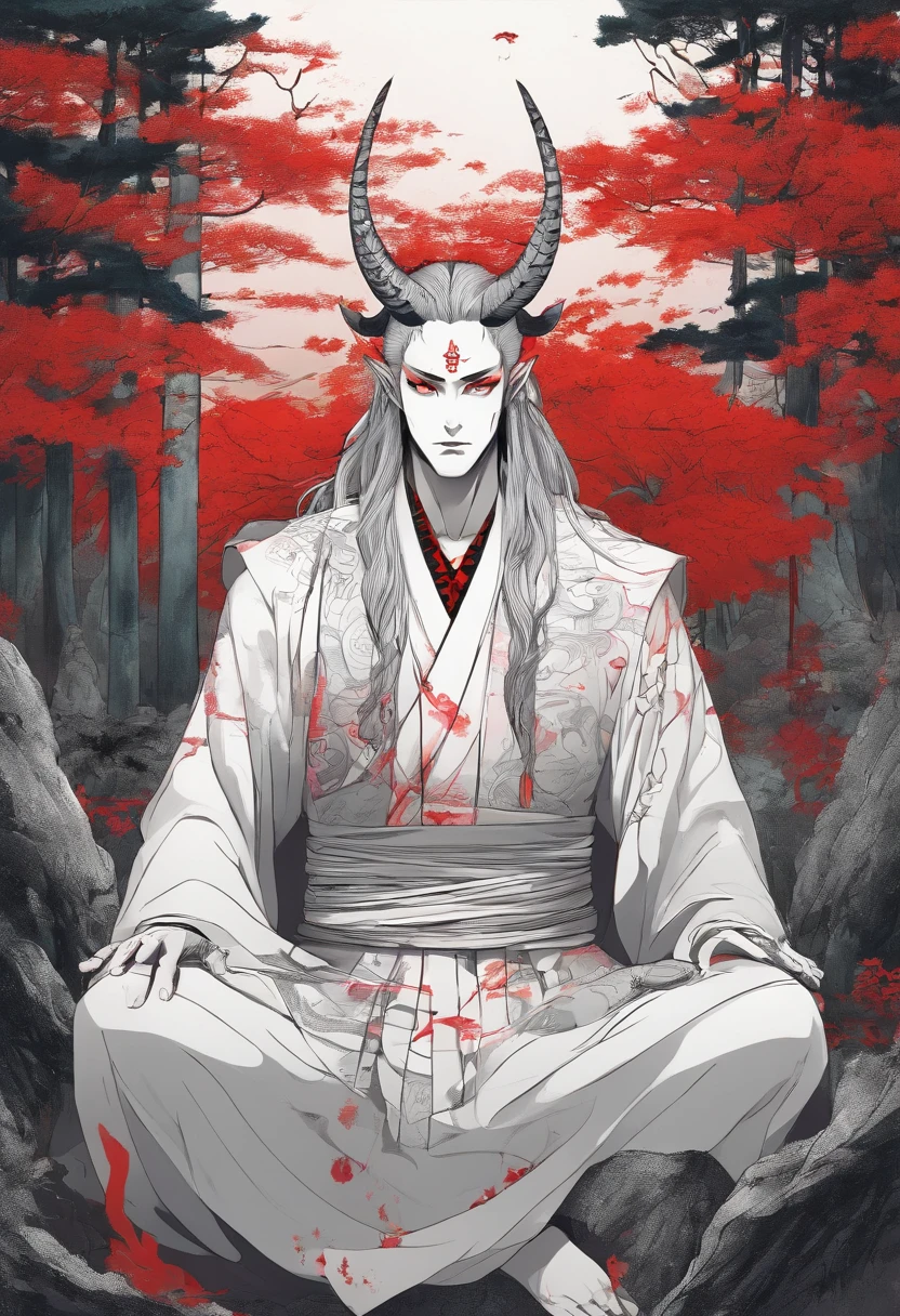 Tall strong man, covered in tattoo's and black markings, scarred all over his body, sitting in a forest, wearing a long open white robe showing off his scarred and marked chest, long red hair, horns, holding a demonic katana, tiefling, wearing a cross necklace, glowing red eyes