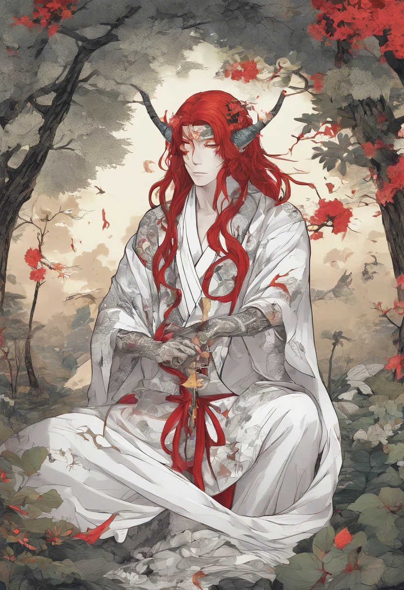 Tall strong man, covered in tattoo's and black markings, scarred all over his body, sitting in a forest, wearing a long open white robe showing off his scarred and marked chest, long red hair, horns, holding a demonic katana, tiefling, wearing a cross necklace, glowing red eyes