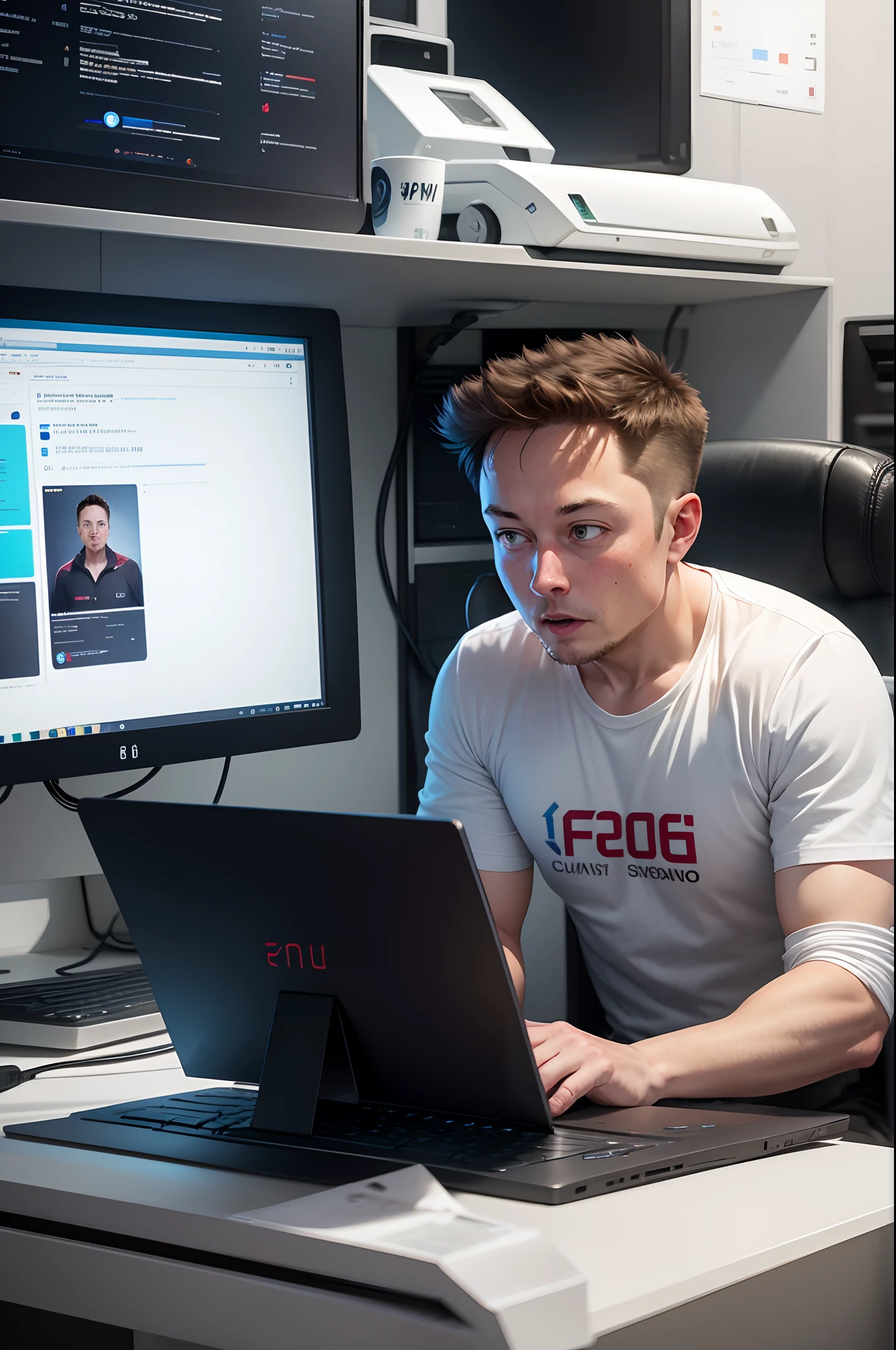 there is a man standing in front of a computer desk with two monitors, linus tech tips, linus from linustechtips, twitch streamer / gamer ludwig, twitch streamer, in front of a computer, streaming on twitch, headshot profile picture, profile picture 1024px, flying ships in the background, irish youtuber, acecombat, tyler west
