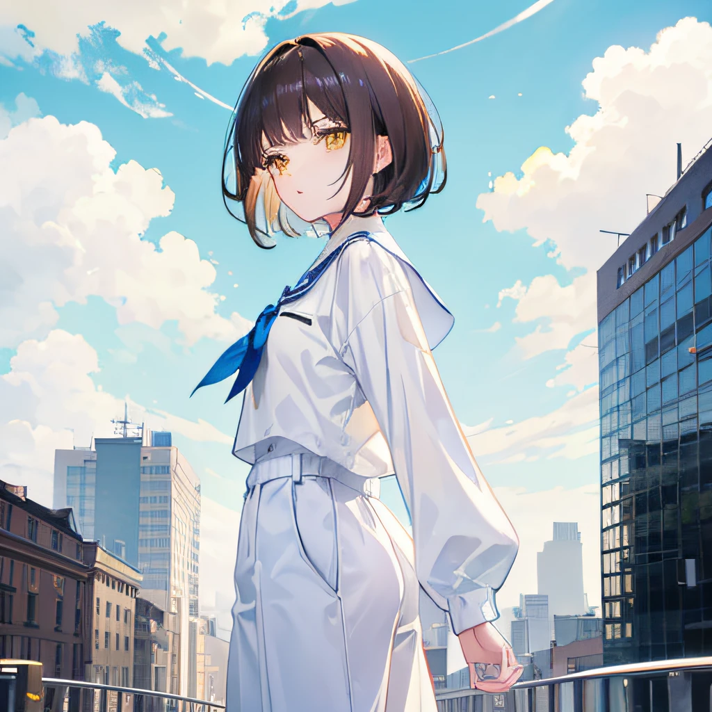 brunette color hair,short detailed hair,By bangs,Yellow eyes,adolable,s girl,White long sleeves,long trousers,Background city,with blue sky and white clouds