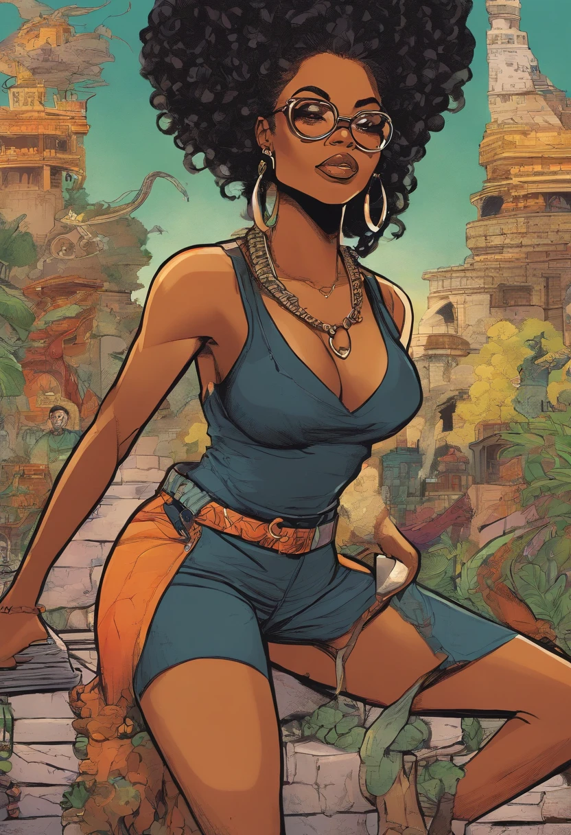1970's dark fantasy book cover paper art dugerons and dragon style drawing of black girl with boxer braid, round face and round, vintage glasses. Wearing a black outfit with a high collar and ripped sleeves that look like a tank top.