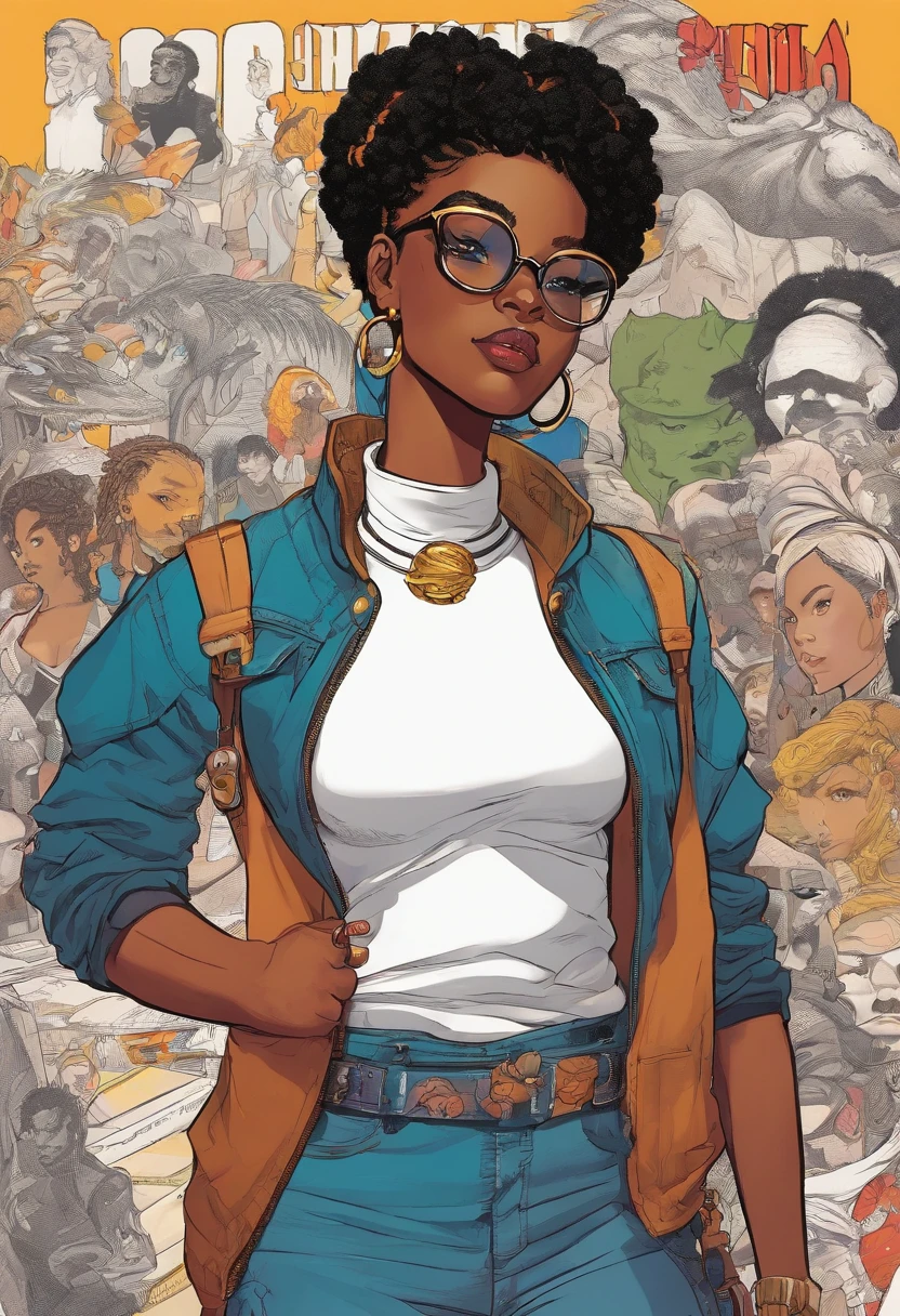 1970's dark fantasy book cover paper art dugerons and dragon style drawing of black girl with boxer braid, round face and round, vintage glasses. Wearing a black outfit with a high collar and ripped sleeves that look like a tank top.