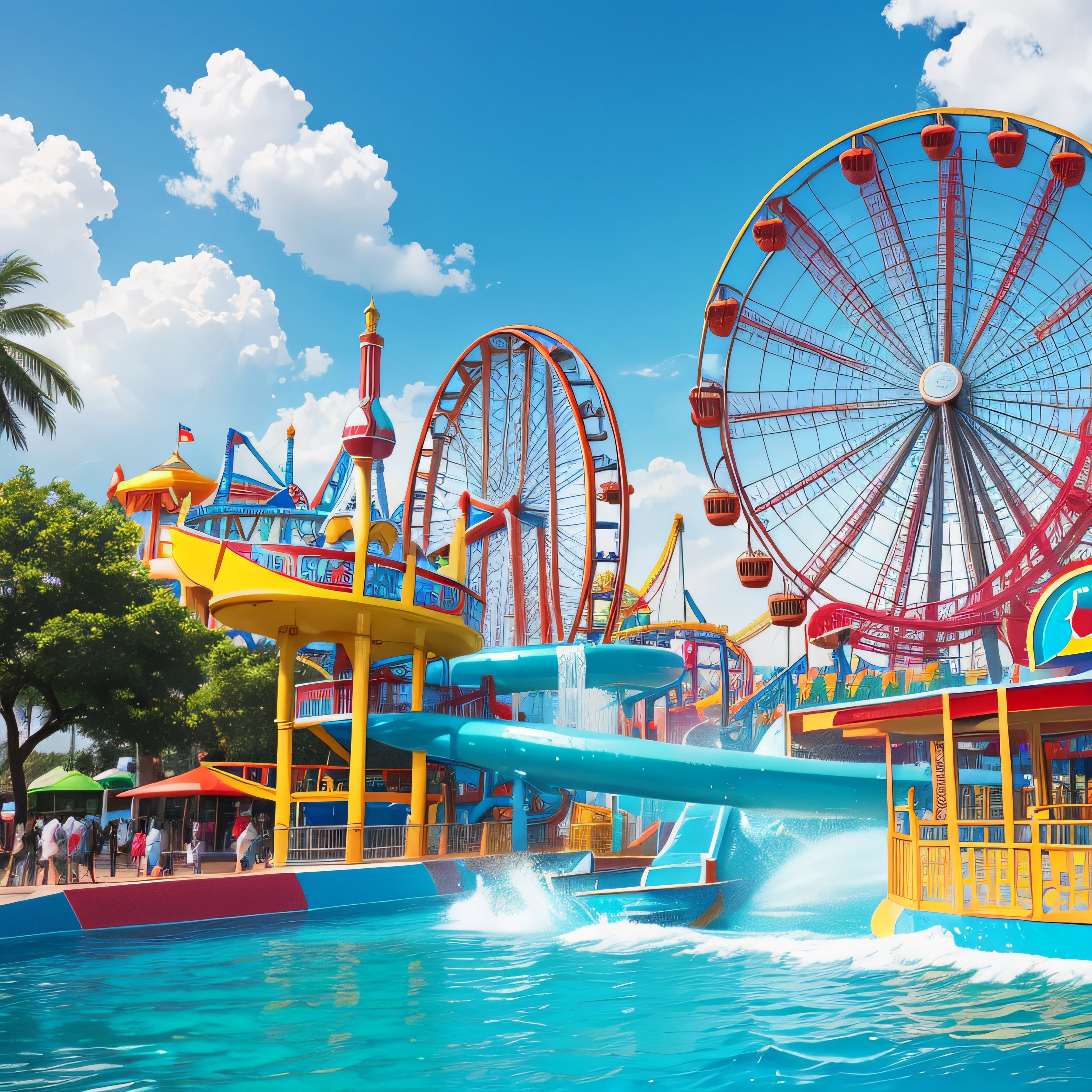 logo design of water theme park. text as "kalyan Amusement Park", colourfull vector illustration, kalyan and park letter should be bold and big, logo shoud be attractive for kids and family, add elements like giant wheel, seven wornders, long roap bridge, water slider, man water flyboarding
