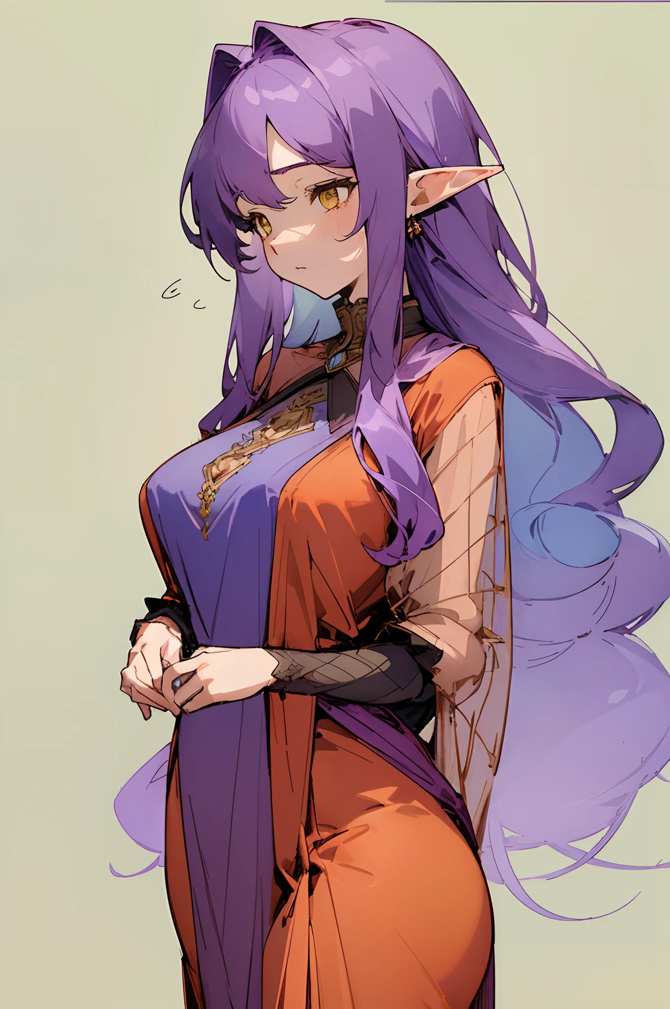(masterpiece, best quality) detailed, 1Character , blue archive art style , pastel washed out colors , cell shade , soft, muted shades ,gentle colors , Beautiful woman , large chest , dark purple hair , has elf ears , yellow eyes , thick body , extremely long hair , Age 36, wearing a glamorous red dress, has a mesh shawl ,