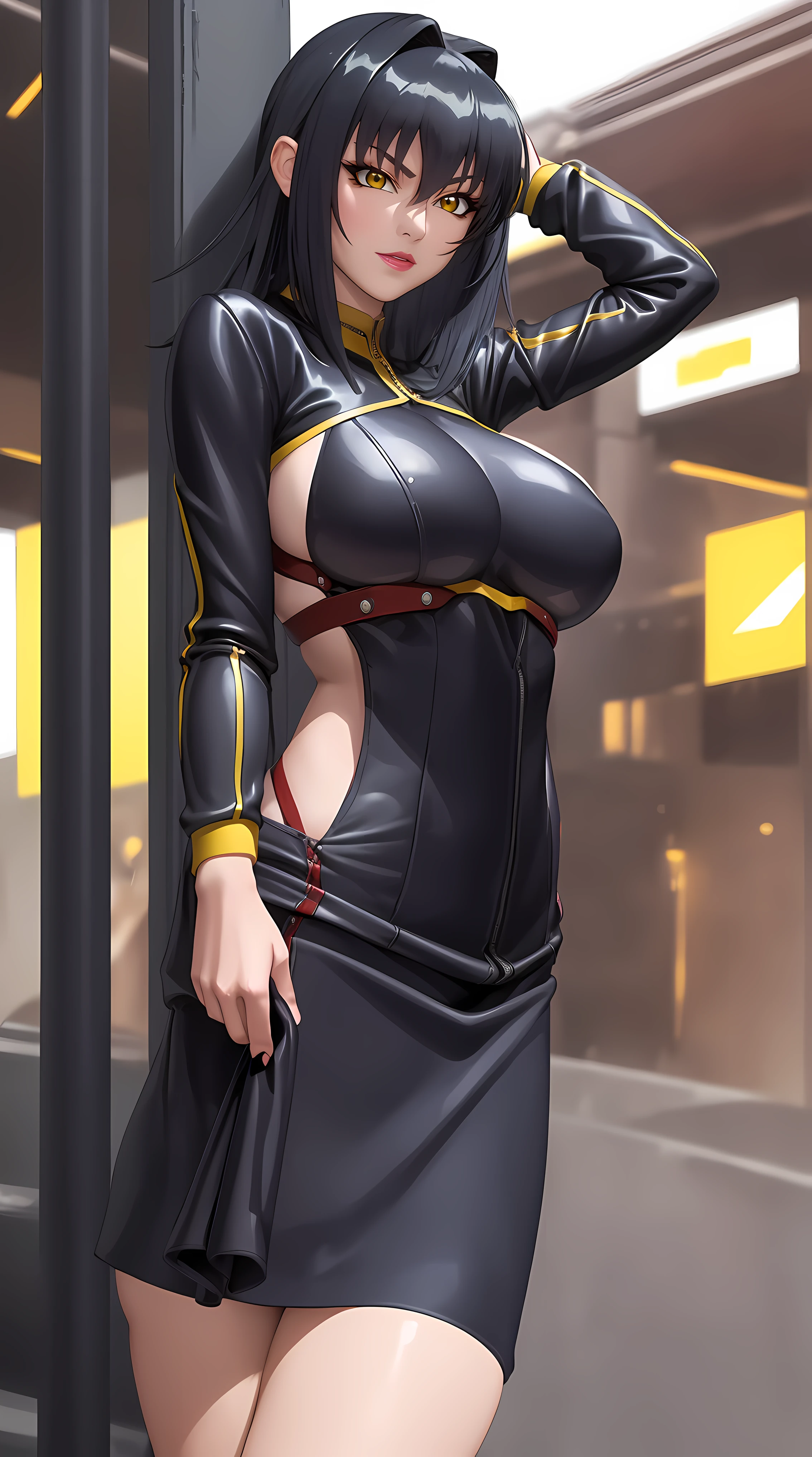 (masterpiece:1.4),(best quality:1.4, highres), beautiful face, beautiful eyes, 1girl, solo, female mature, black hair, long hair, (yellow eyes:1.4), large breasts, jacket suit, ((night vibe background)), hair intakes, exquisite eyes detail, exquisite face details, exquisite character design details 8k HDR, professional art, landscape, (solo:1.5, 1girl:1.4, cowboy shot:1.5), milf, 35 years old girl, (looking at viewer, smug, Lying against the wall, hand on head),