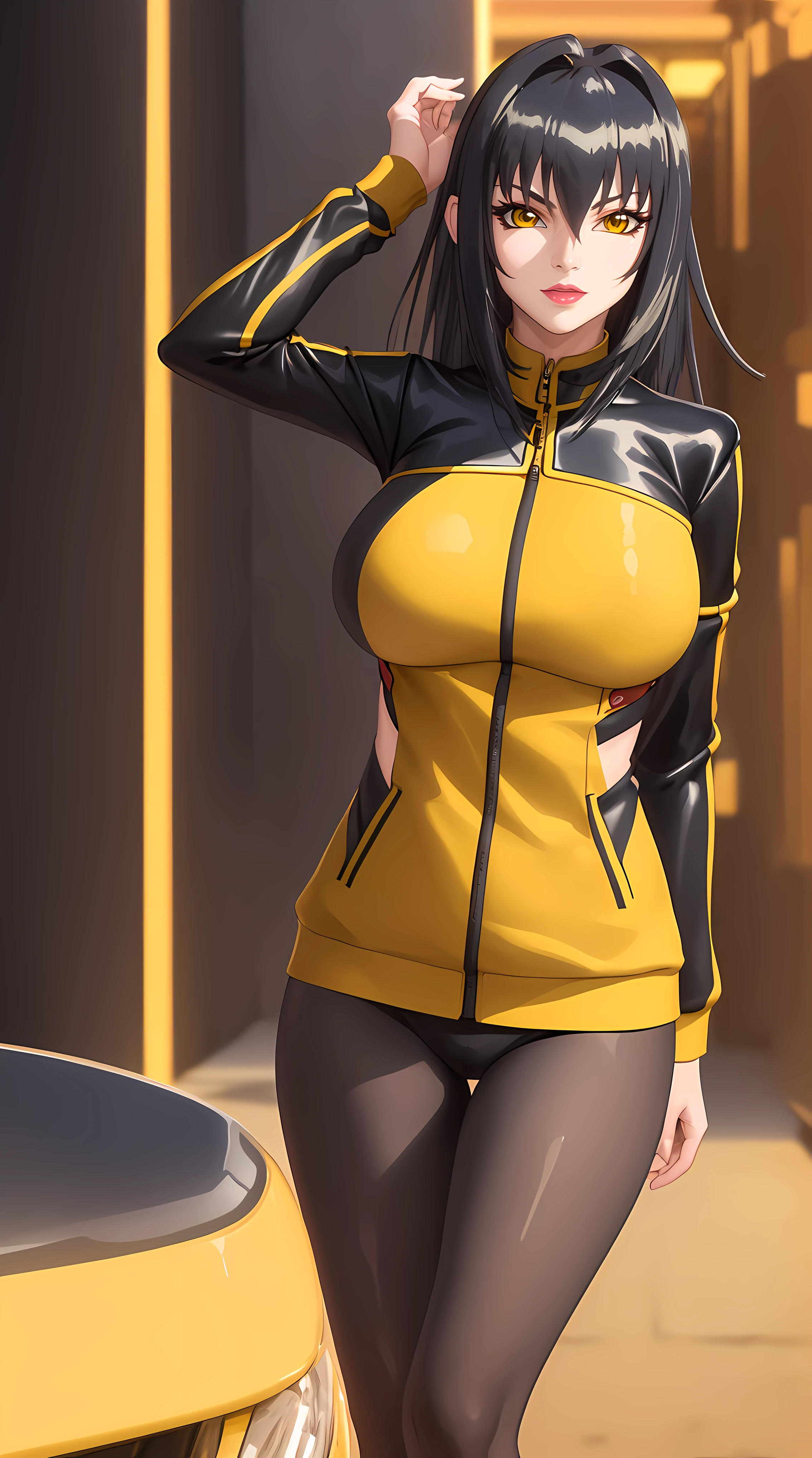 (masterpiece:1.4),(best quality:1.4, highres), beautiful face, beautiful eyes, 1girl, solo, female mature, black hair, long hair, (yellow eyes:1.4), large breasts, jacket suit, ((night vibe background)), hair intakes, exquisite eyes detail, exquisite face details, exquisite character design details 8k HDR, professional art, landscape, (solo:1.5, 1girl:1.4, cowboy shot:1.5), milf, 35 years old girl, (looking at viewer, smug, Lying against the wall, hand on head),