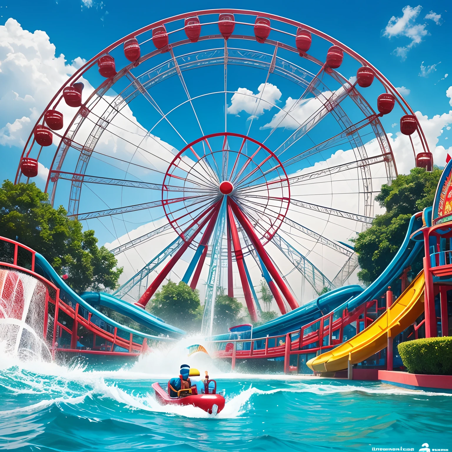logo design of water theme park. text as "kalyan Amusement Park", colourfull vector illustration, kalyan and park letter should be bold and big, logo shoud be attractive for kids and family, add elements like giant wheel, seven wornders, long roap bridge, water slider, man water flyboarding